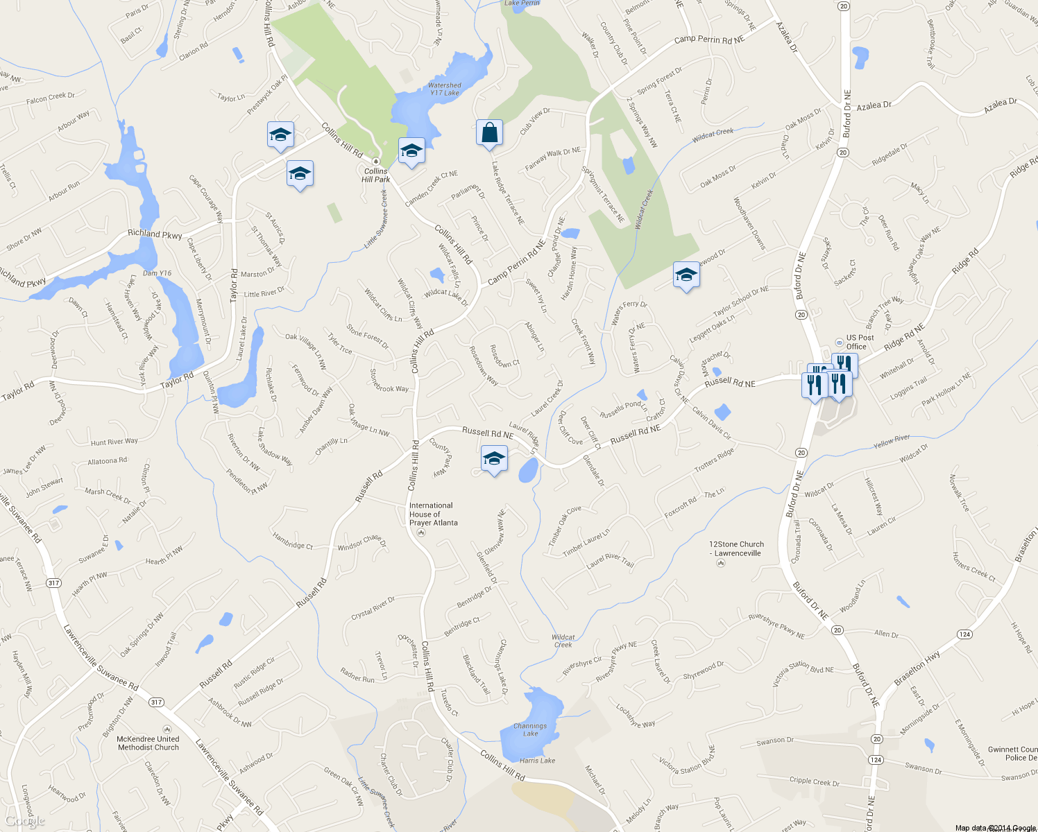 map of restaurants, bars, coffee shops, grocery stores, and more near 1660 Laurel Creek Dr in Lawrenceville