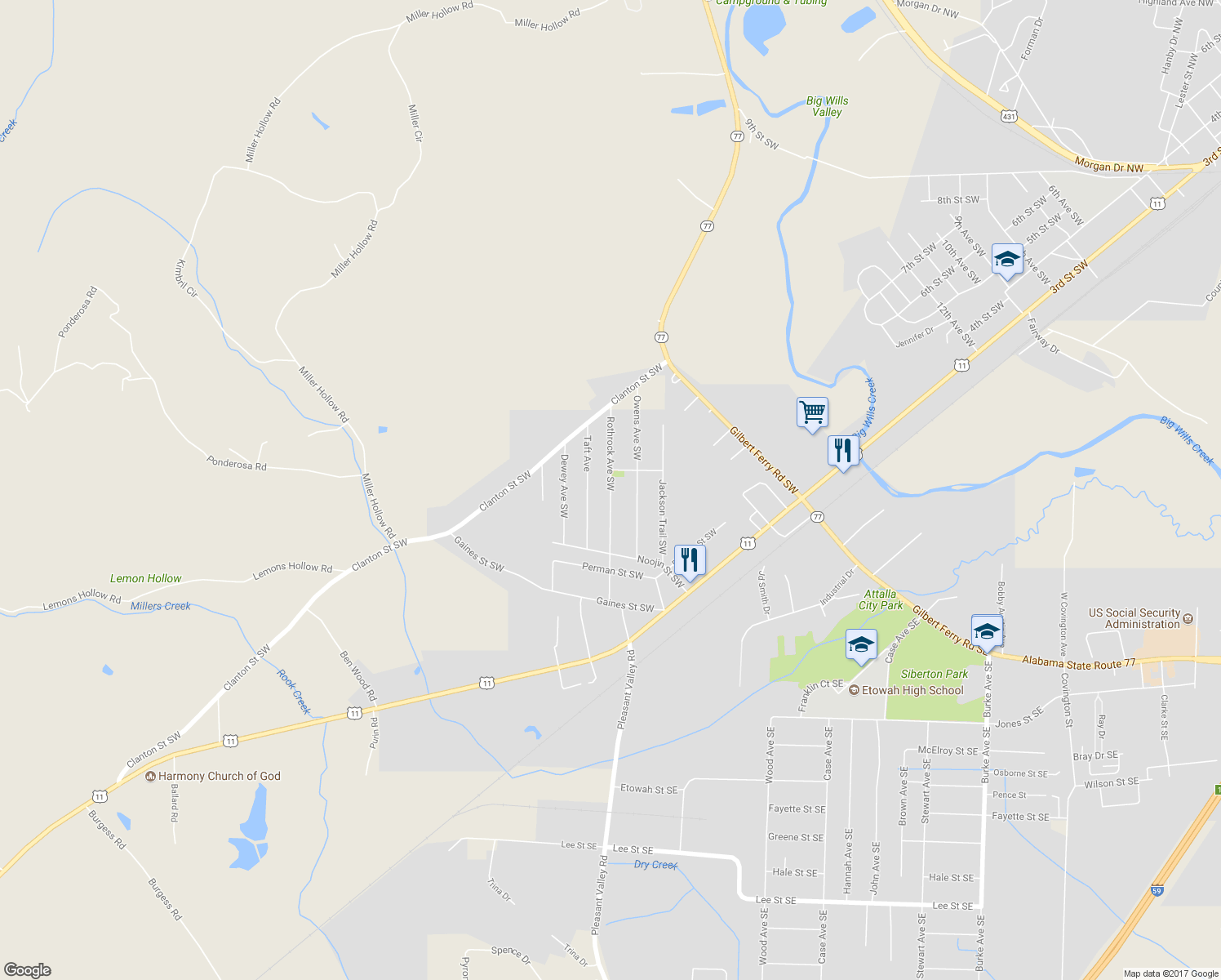 map of restaurants, bars, coffee shops, grocery stores, and more near 643 Rothrock Avenue Southwest in Attalla
