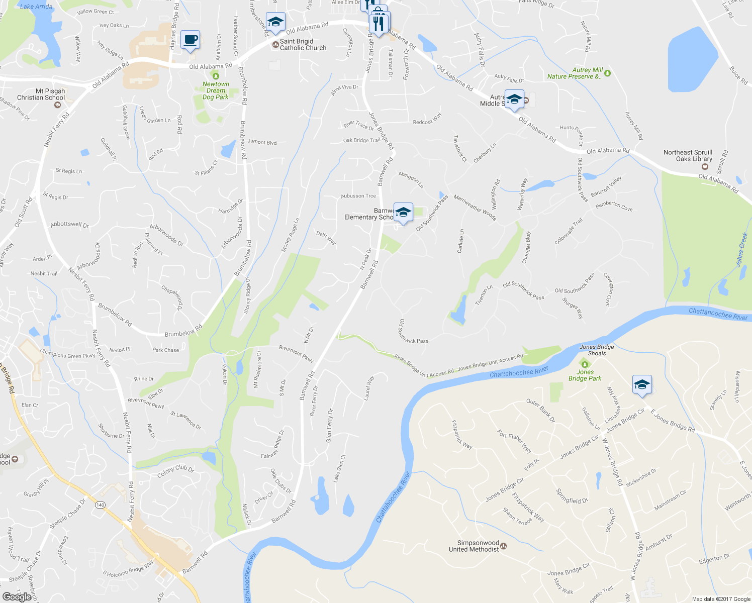map of restaurants, bars, coffee shops, grocery stores, and more near 1015 Bedford Gardens Drive in Alpharetta