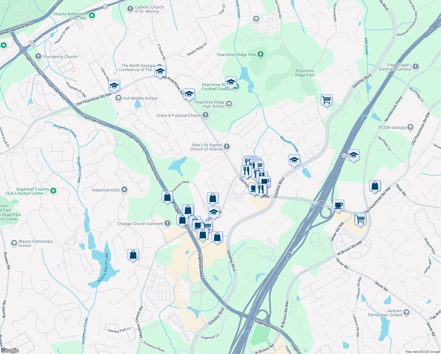 map of restaurants, bars, coffee shops, grocery stores, and more near 2792 Meadow Forest Drive in Duluth