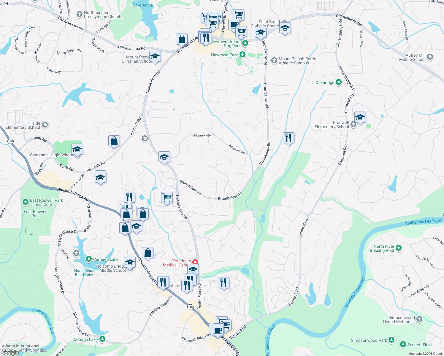 map of restaurants, bars, coffee shops, grocery stores, and more near 9255 Tuckerbrook Lane in Alpharetta