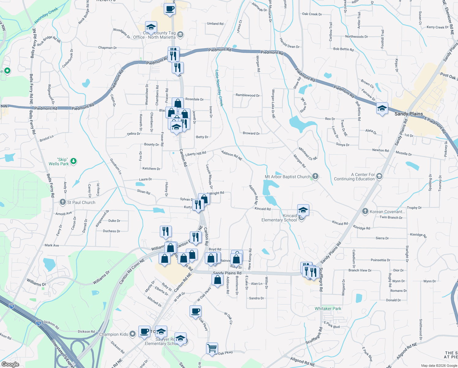 map of restaurants, bars, coffee shops, grocery stores, and more near 1061 Powell Wright Road in Marietta