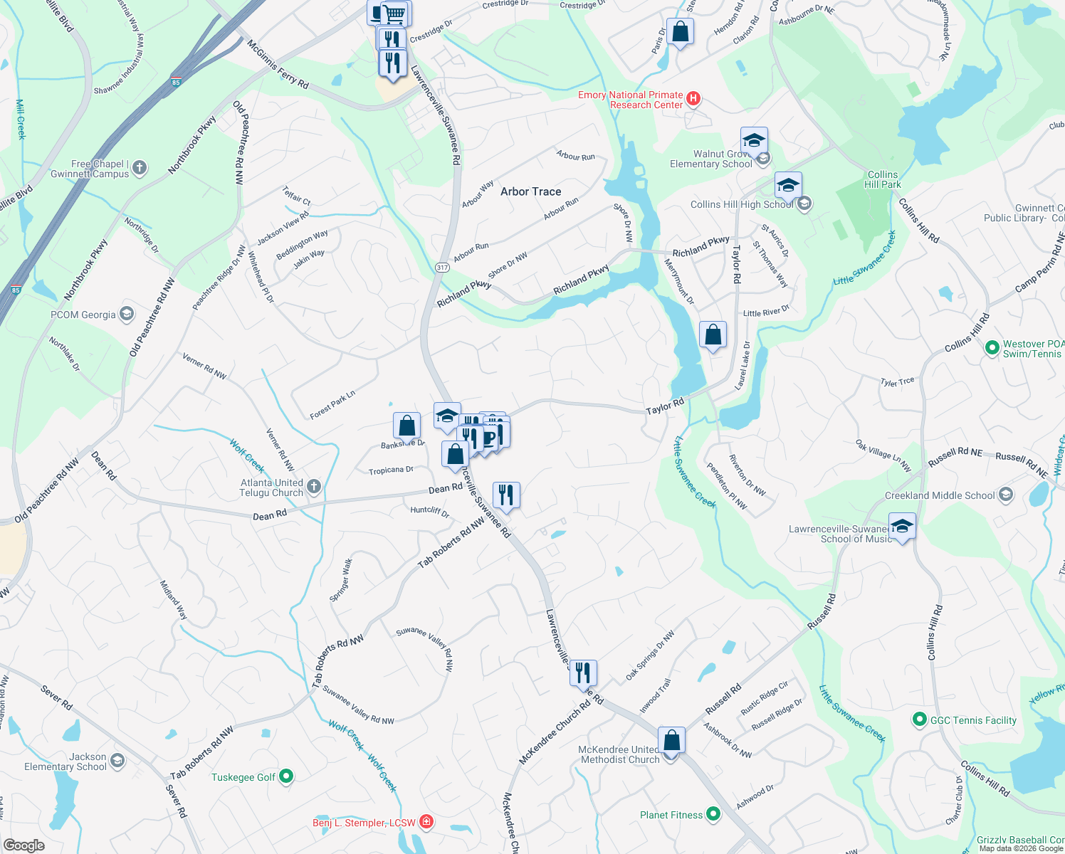 map of restaurants, bars, coffee shops, grocery stores, and more near 488 Taylor Road in Suwanee