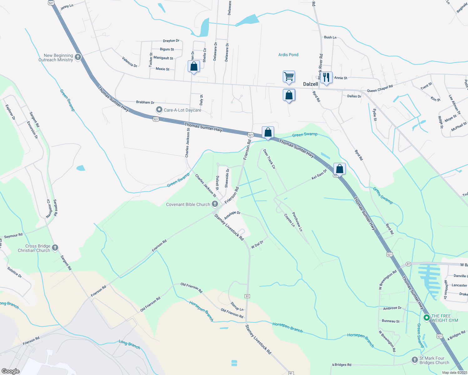 map of restaurants, bars, coffee shops, grocery stores, and more near 2921 Frierson Road in Dalzell
