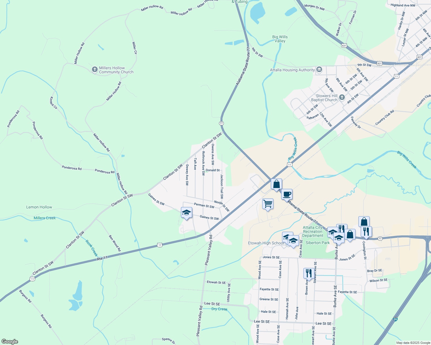map of restaurants, bars, coffee shops, grocery stores, and more near 655 Owens Avenue Southwest in Attalla