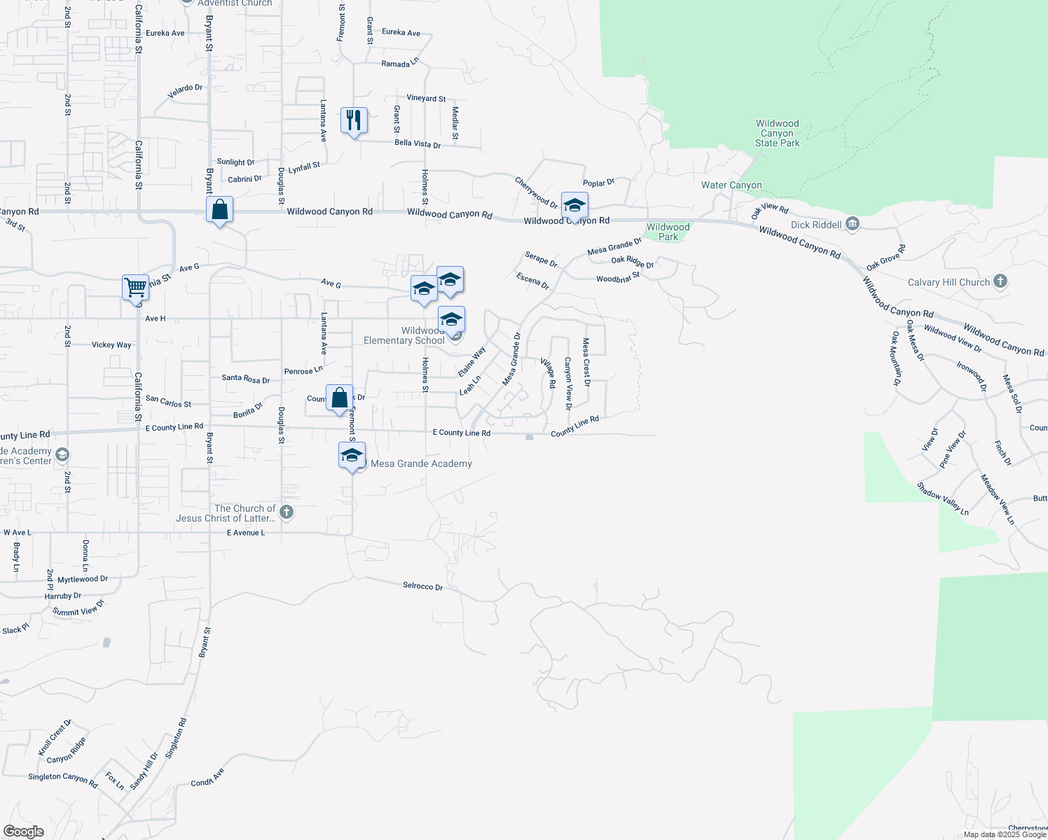 map of restaurants, bars, coffee shops, grocery stores, and more near 13682 Village Court in Yucaipa