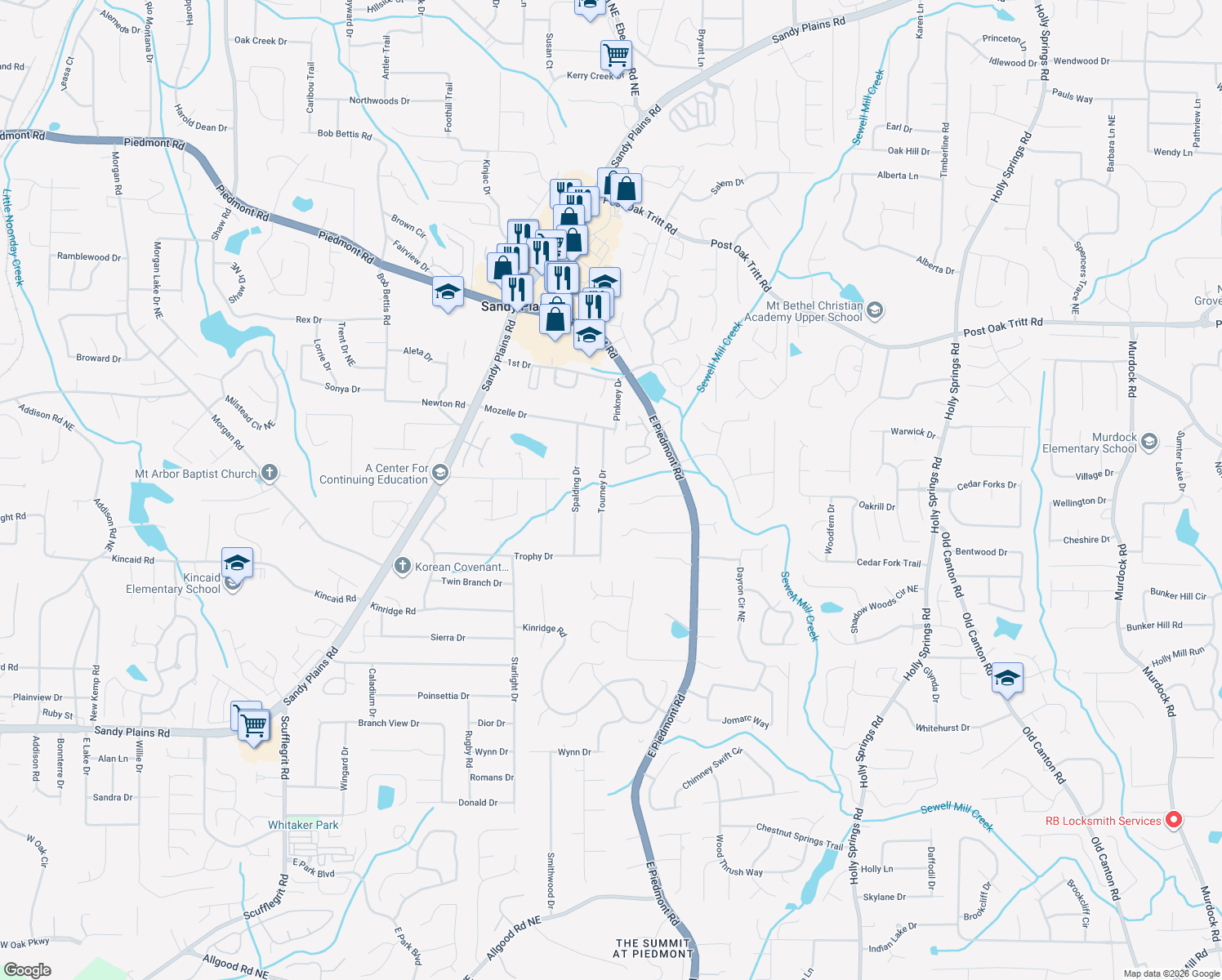 map of restaurants, bars, coffee shops, grocery stores, and more near 2200 Tourney Drive in Marietta