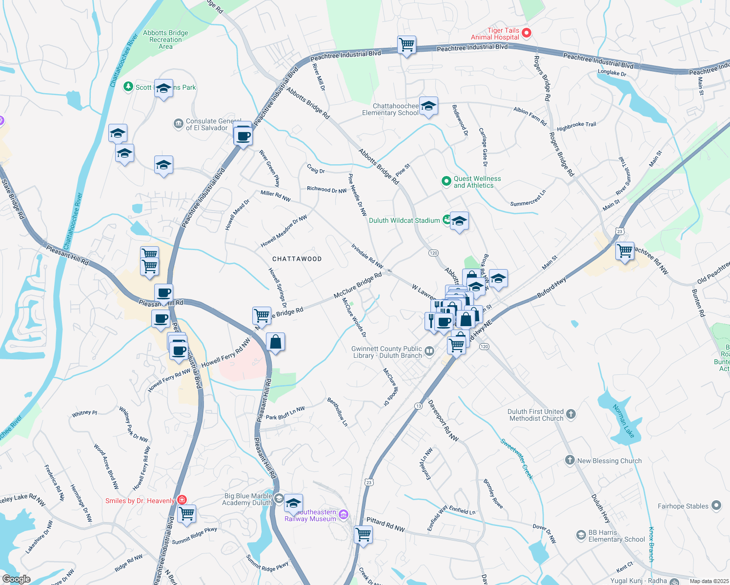 map of restaurants, bars, coffee shops, grocery stores, and more near 3545 Strathmore Dr in Duluth
