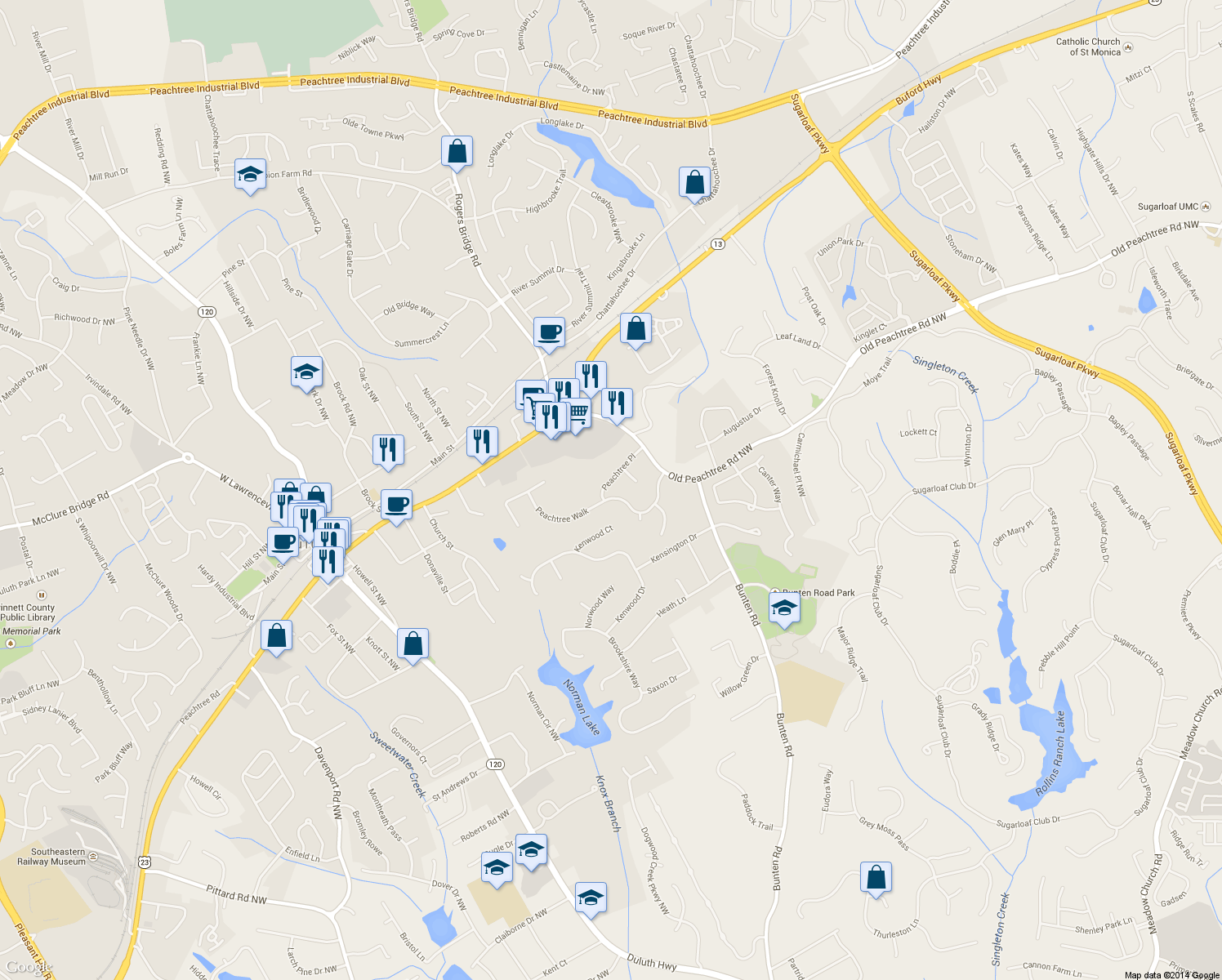 map of restaurants, bars, coffee shops, grocery stores, and more near 2715 Peachtree Walk in Duluth