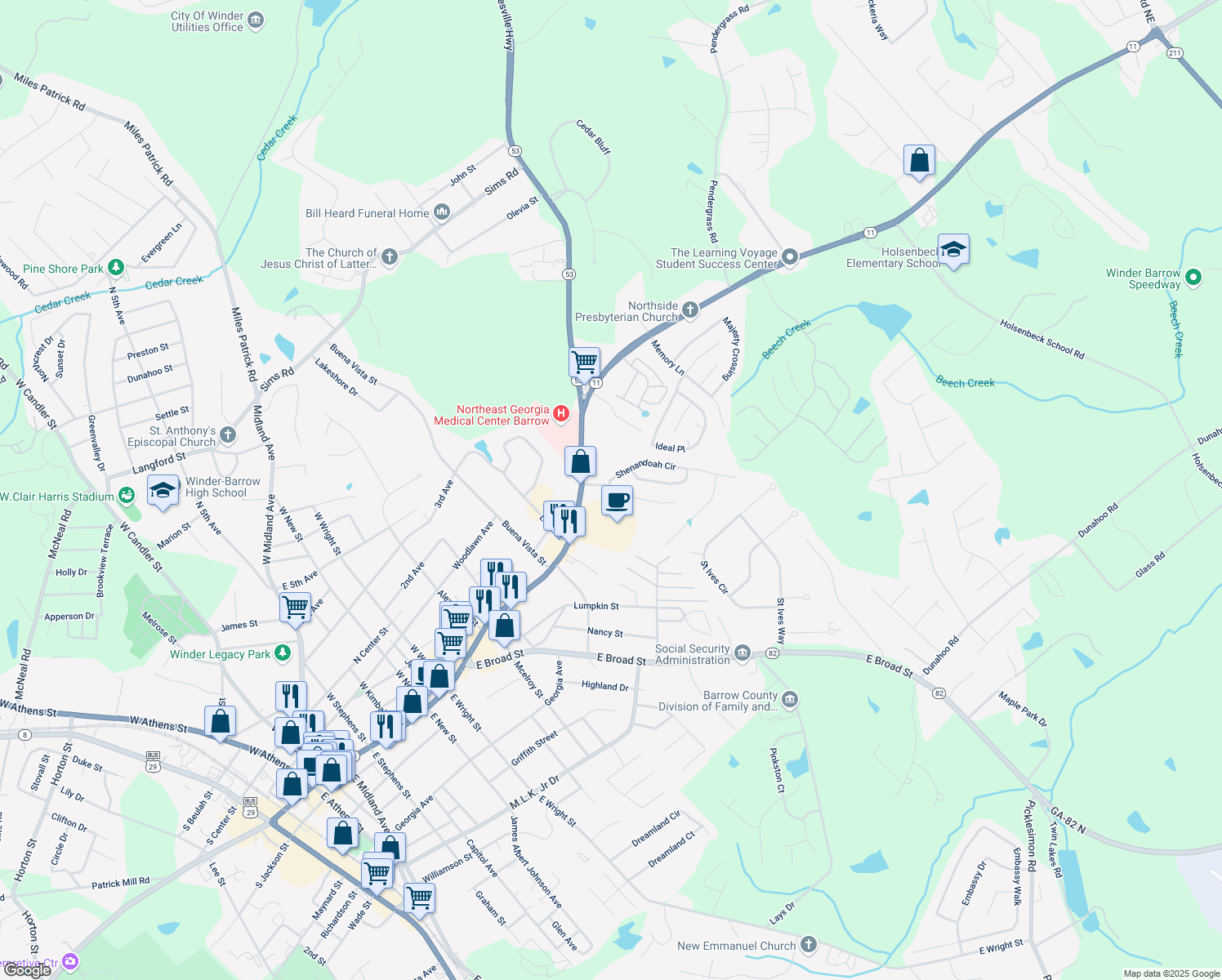 map of restaurants, bars, coffee shops, grocery stores, and more near 35 Shenandoah Drive in Winder