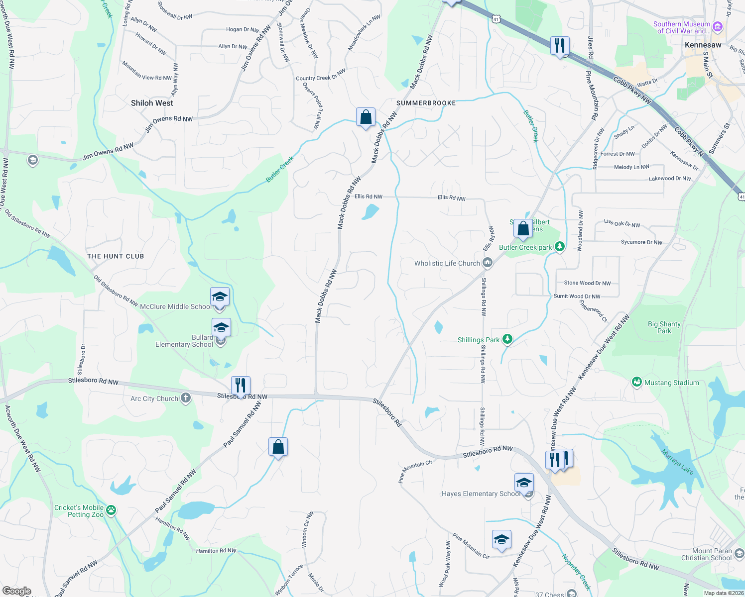 map of restaurants, bars, coffee shops, grocery stores, and more near 3274 Lark Haven Drive Northwest in Kennesaw