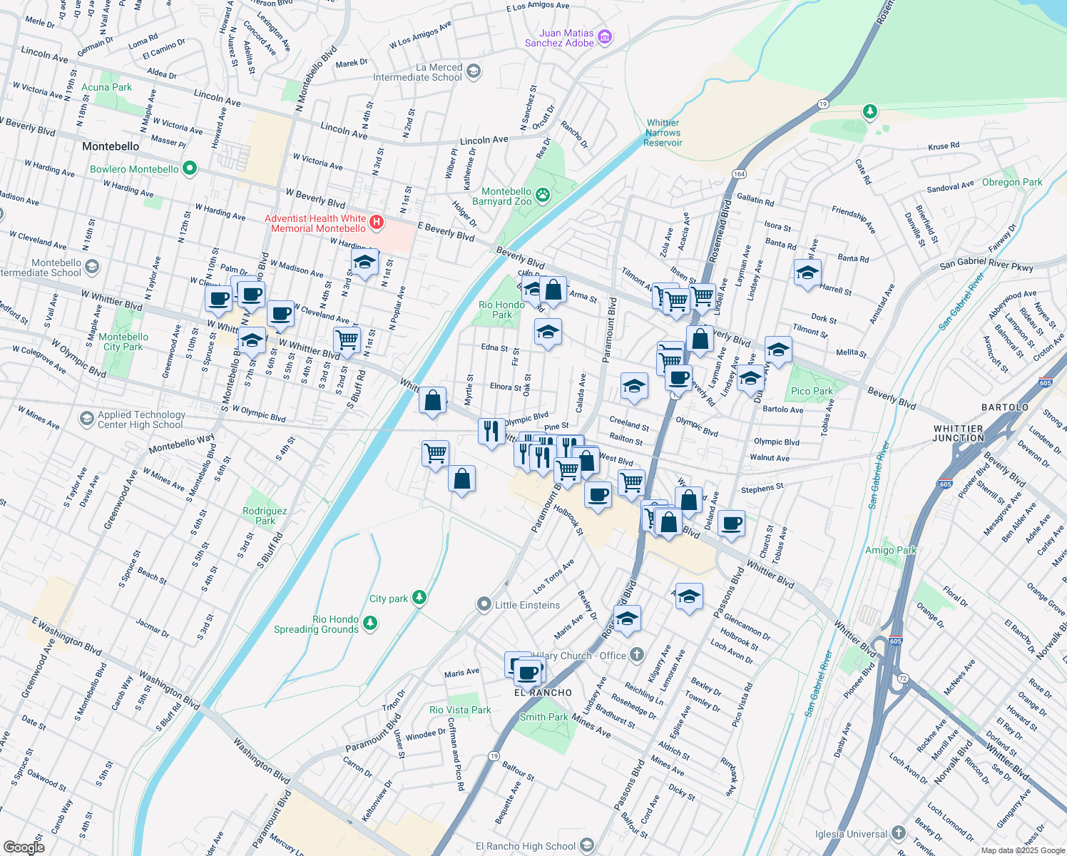 map of restaurants, bars, coffee shops, grocery stores, and more near 4865 Pine Street in Pico Rivera