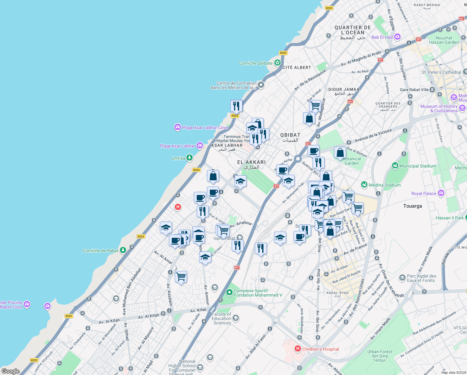 map of restaurants, bars, coffee shops, grocery stores, and more near Avenue Al Houria in Rabat