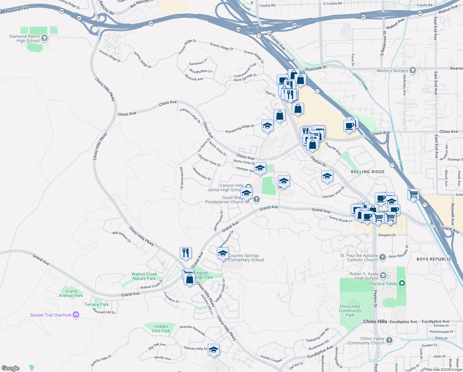 map of restaurants, bars, coffee shops, grocery stores, and more near 2412 Madrugada Drive in Chino Hills