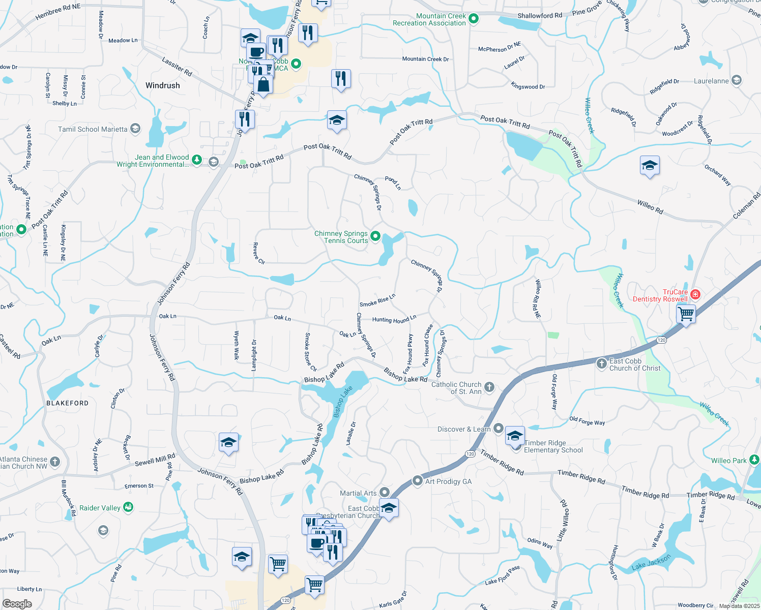 map of restaurants, bars, coffee shops, grocery stores, and more near 4586 Smoke Rise Lane in Marietta