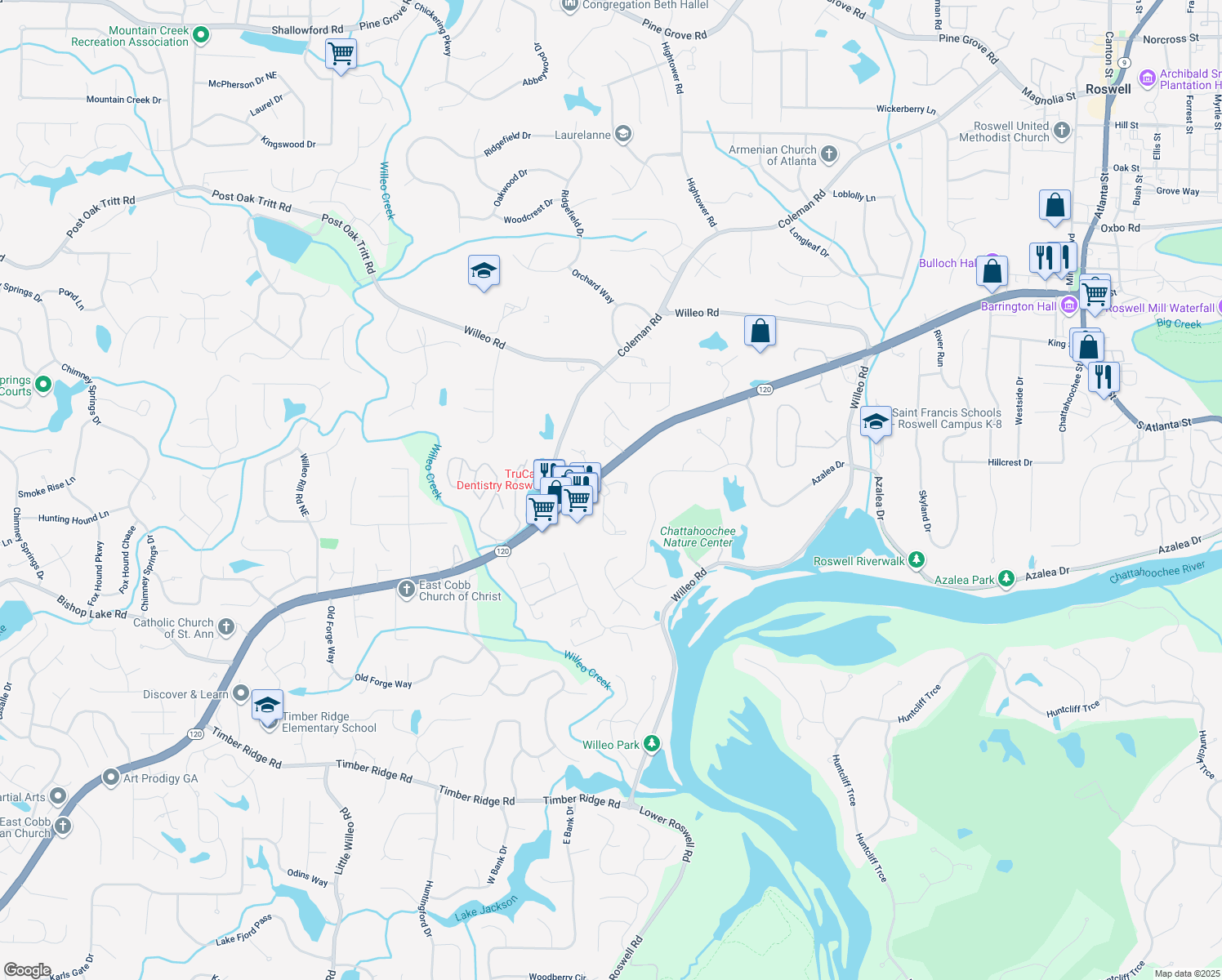 map of restaurants, bars, coffee shops, grocery stores, and more near 4004 Edgecomb Drive in Roswell