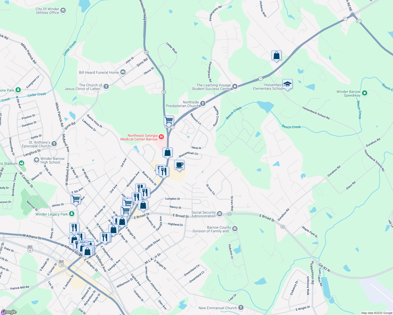 map of restaurants, bars, coffee shops, grocery stores, and more near 516 Shenandoah Lane in Winder