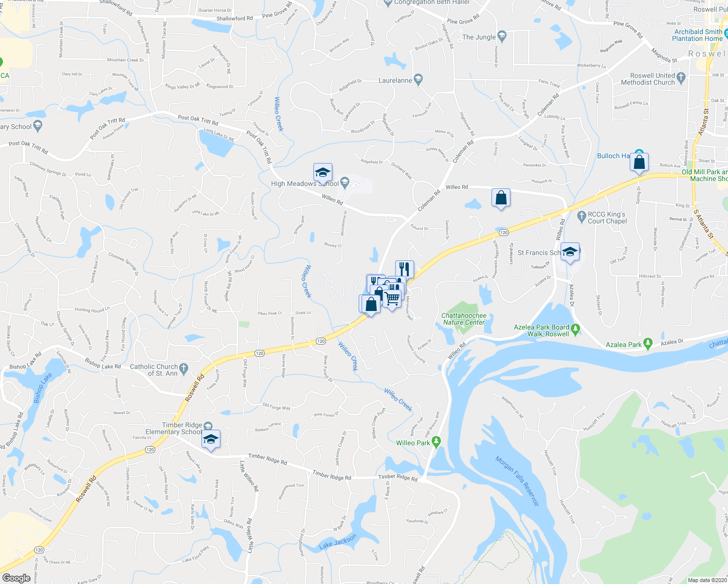 map of restaurants, bars, coffee shops, grocery stores, and more near 2214 Lake Pointe Circle in Roswell