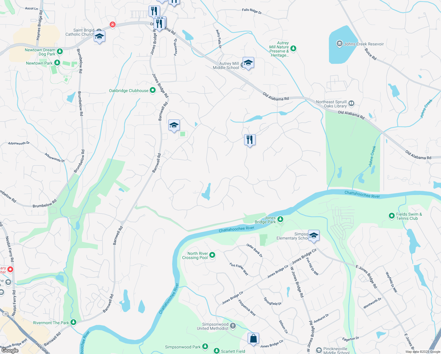 map of restaurants, bars, coffee shops, grocery stores, and more near 915 Tiverton Lane in Alpharetta