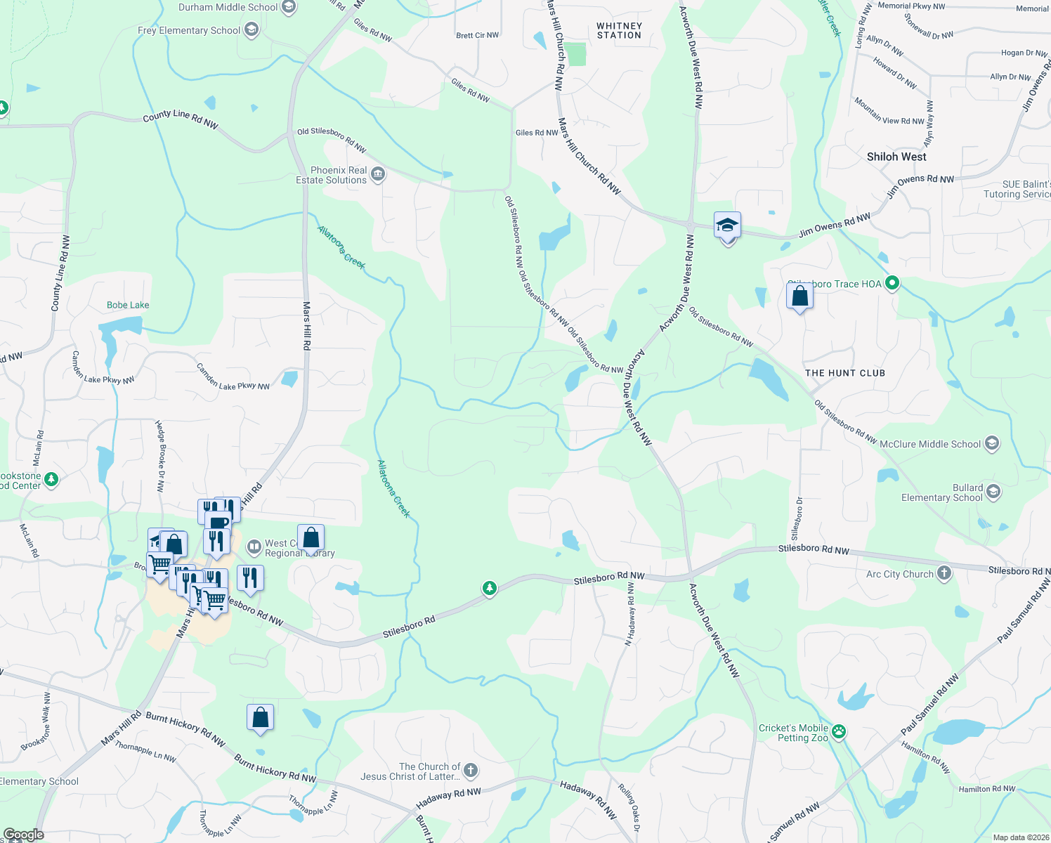 map of restaurants, bars, coffee shops, grocery stores, and more near 4430 Walnut Creek Drive Northwest in Kennesaw