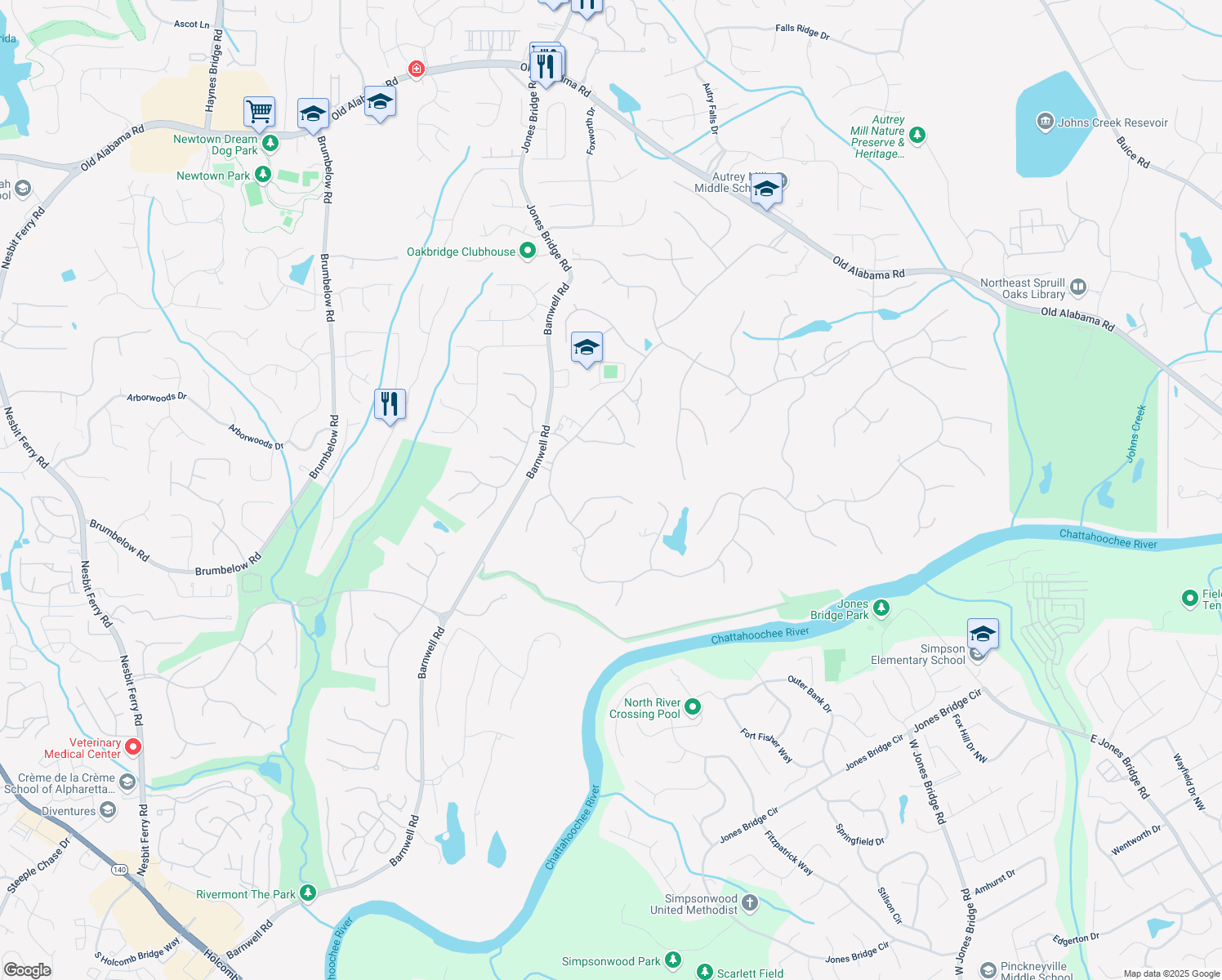 map of restaurants, bars, coffee shops, grocery stores, and more near 1255 Stuart Ridge in Alpharetta
