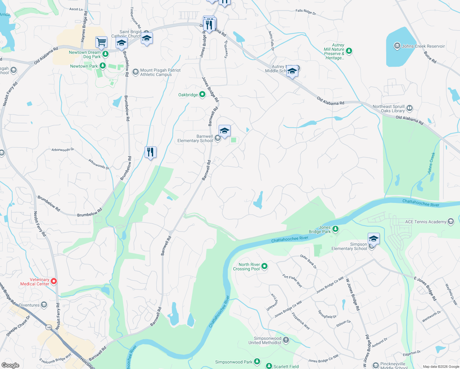map of restaurants, bars, coffee shops, grocery stores, and more near 1245 Stuart Ridge in Alpharetta