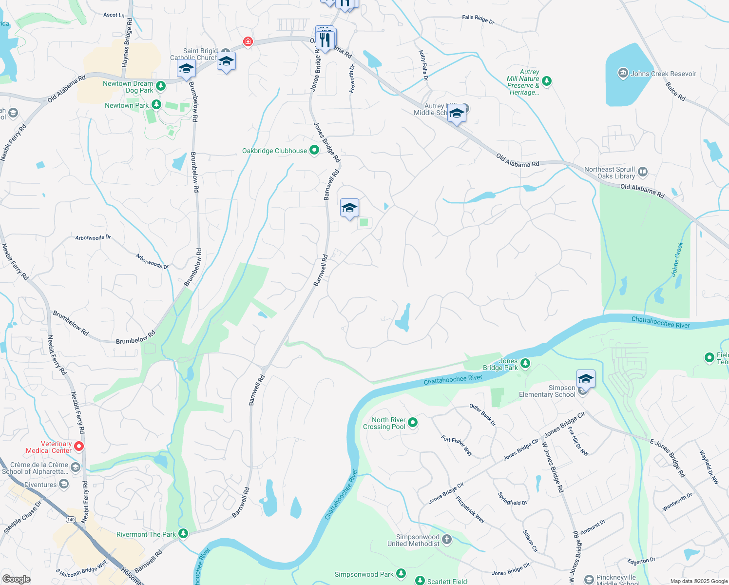 map of restaurants, bars, coffee shops, grocery stores, and more near 1255 Stuart Ridge in Alpharetta