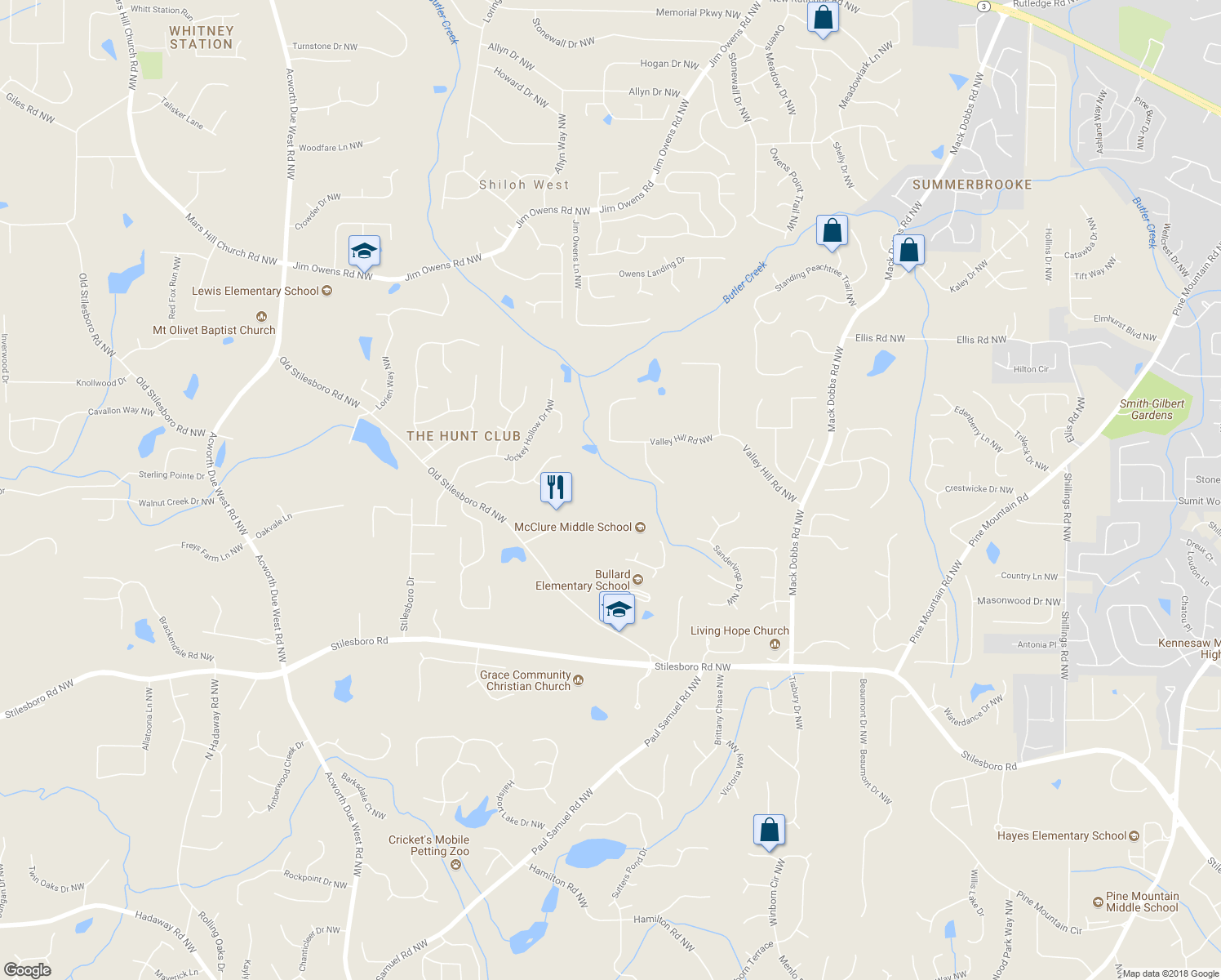 map of restaurants, bars, coffee shops, grocery stores, and more near 3659 Valley Hill Road Northwest in Kennesaw