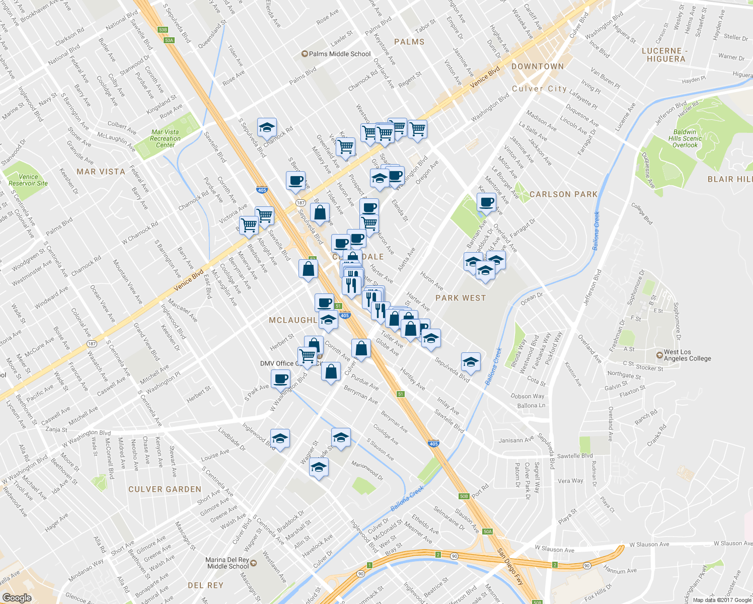 map of restaurants, bars, coffee shops, grocery stores, and more near 4183 Commonwealth Avenue in Culver City