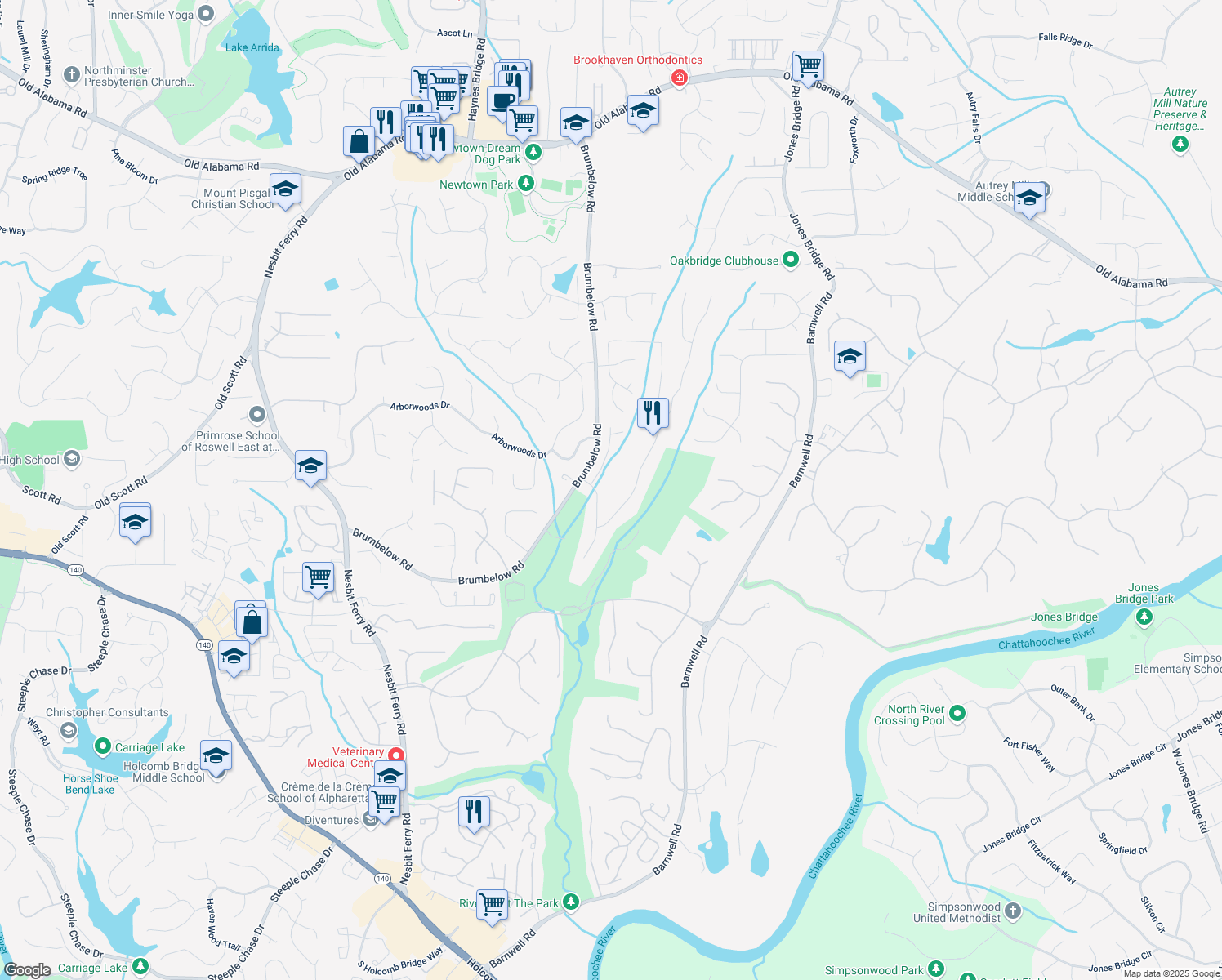 map of restaurants, bars, coffee shops, grocery stores, and more near 130 Stoney Ridge Drive in Alpharetta