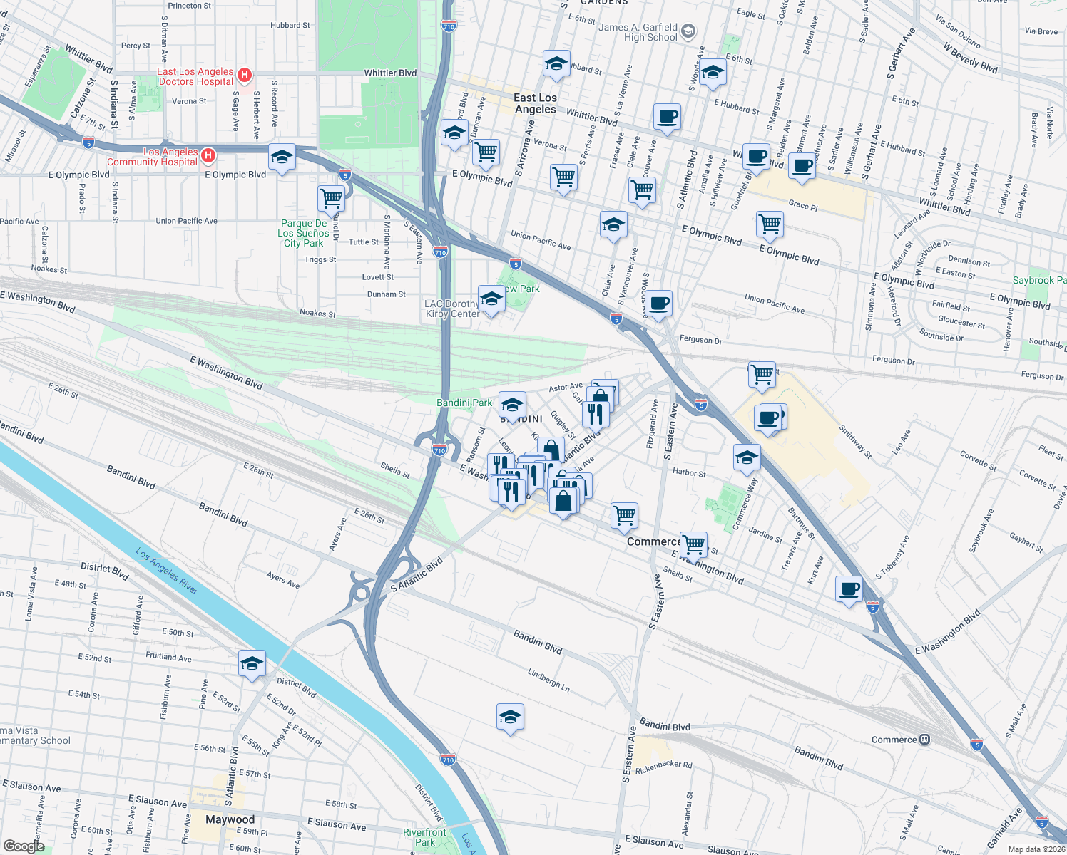 map of restaurants, bars, coffee shops, grocery stores, and more near 5012 Jardine Street in Commerce
