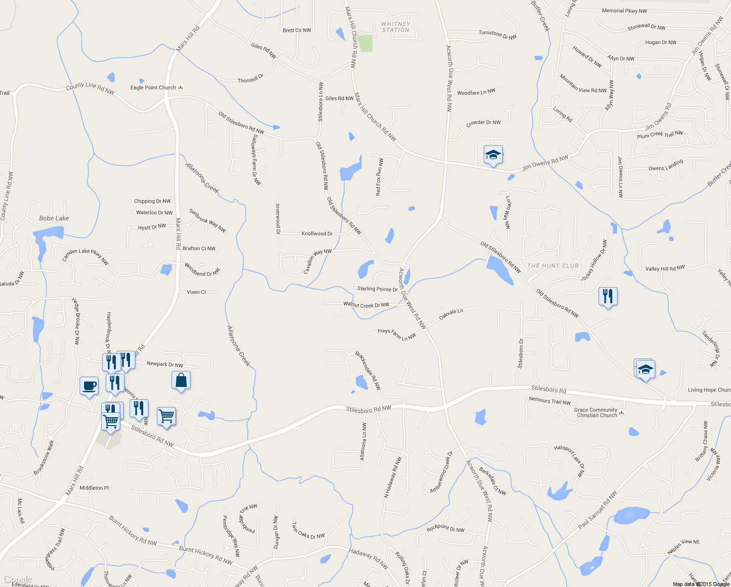 map of restaurants, bars, coffee shops, grocery stores, and more near 4435 Sterling Pointe Drive in Kennesaw