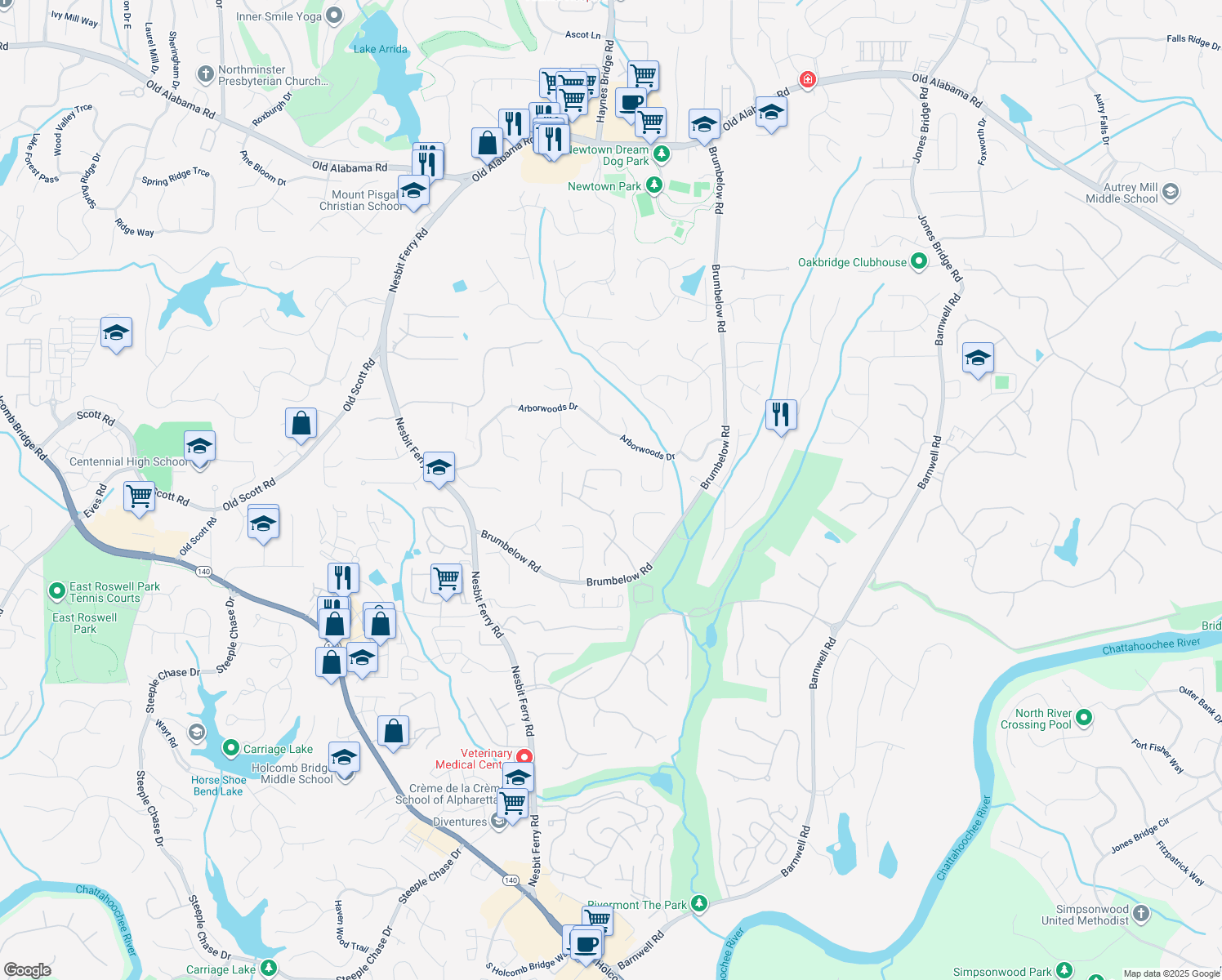 map of restaurants, bars, coffee shops, grocery stores, and more near 3105 Birchton Street in Alpharetta