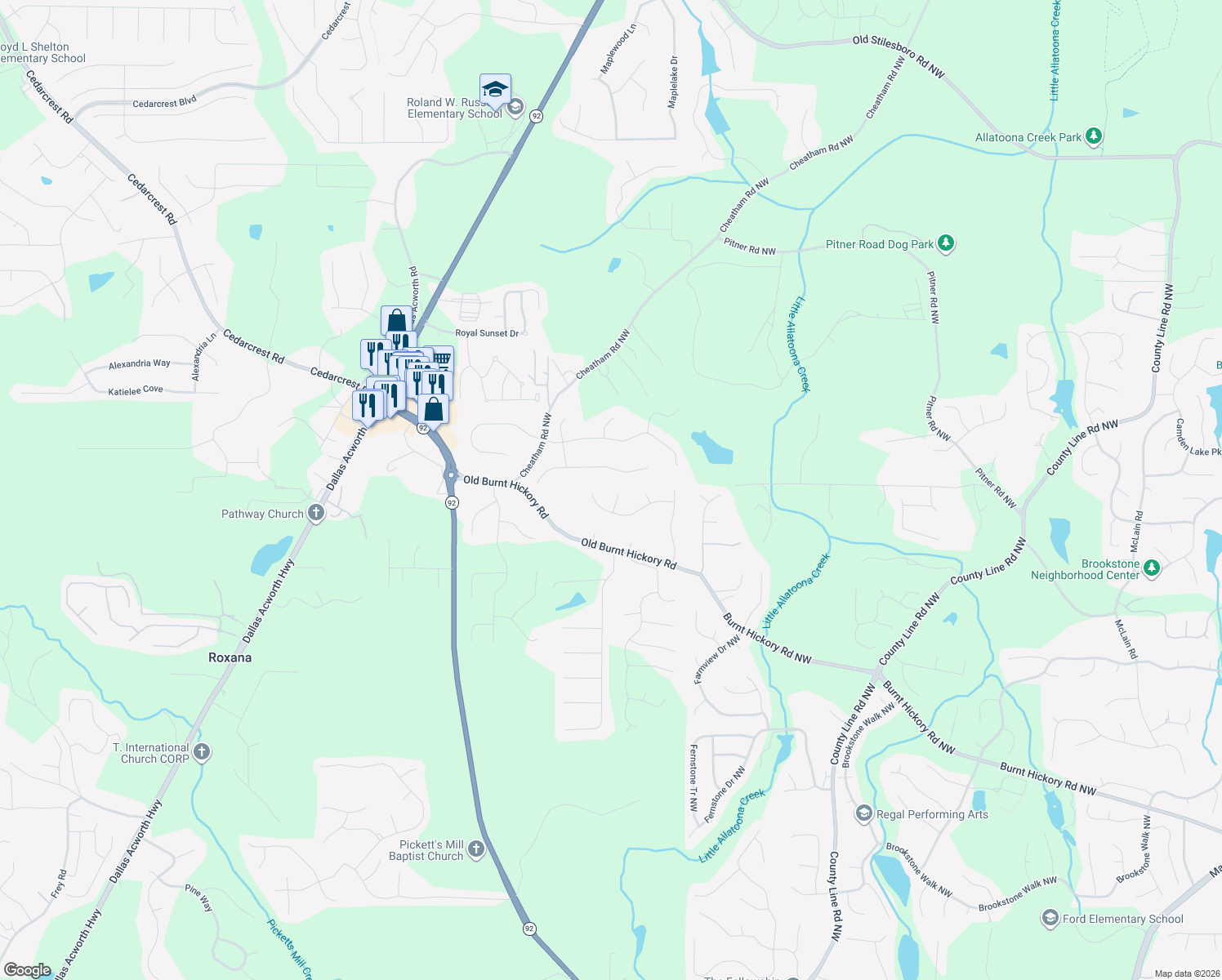map of restaurants, bars, coffee shops, grocery stores, and more near 53 Lauren Ct in Acworth