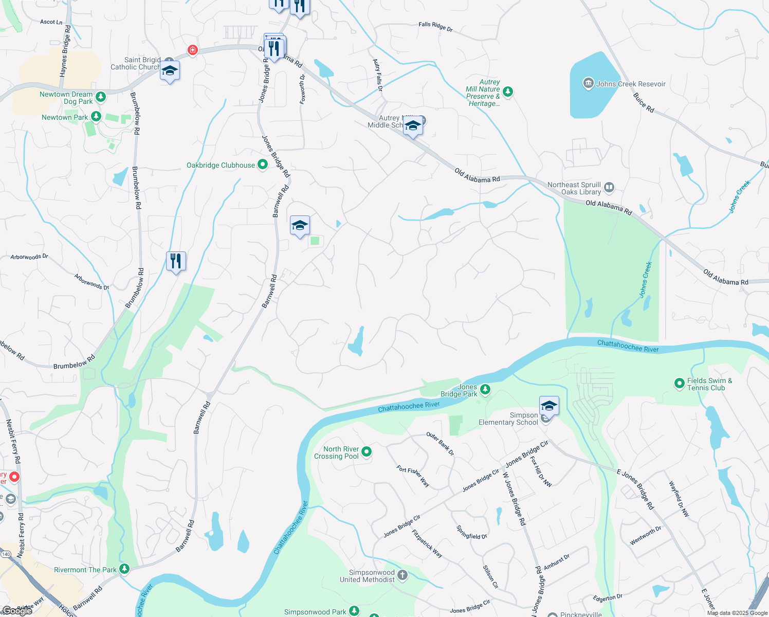map of restaurants, bars, coffee shops, grocery stores, and more near 915 Tiverton Lane in Alpharetta