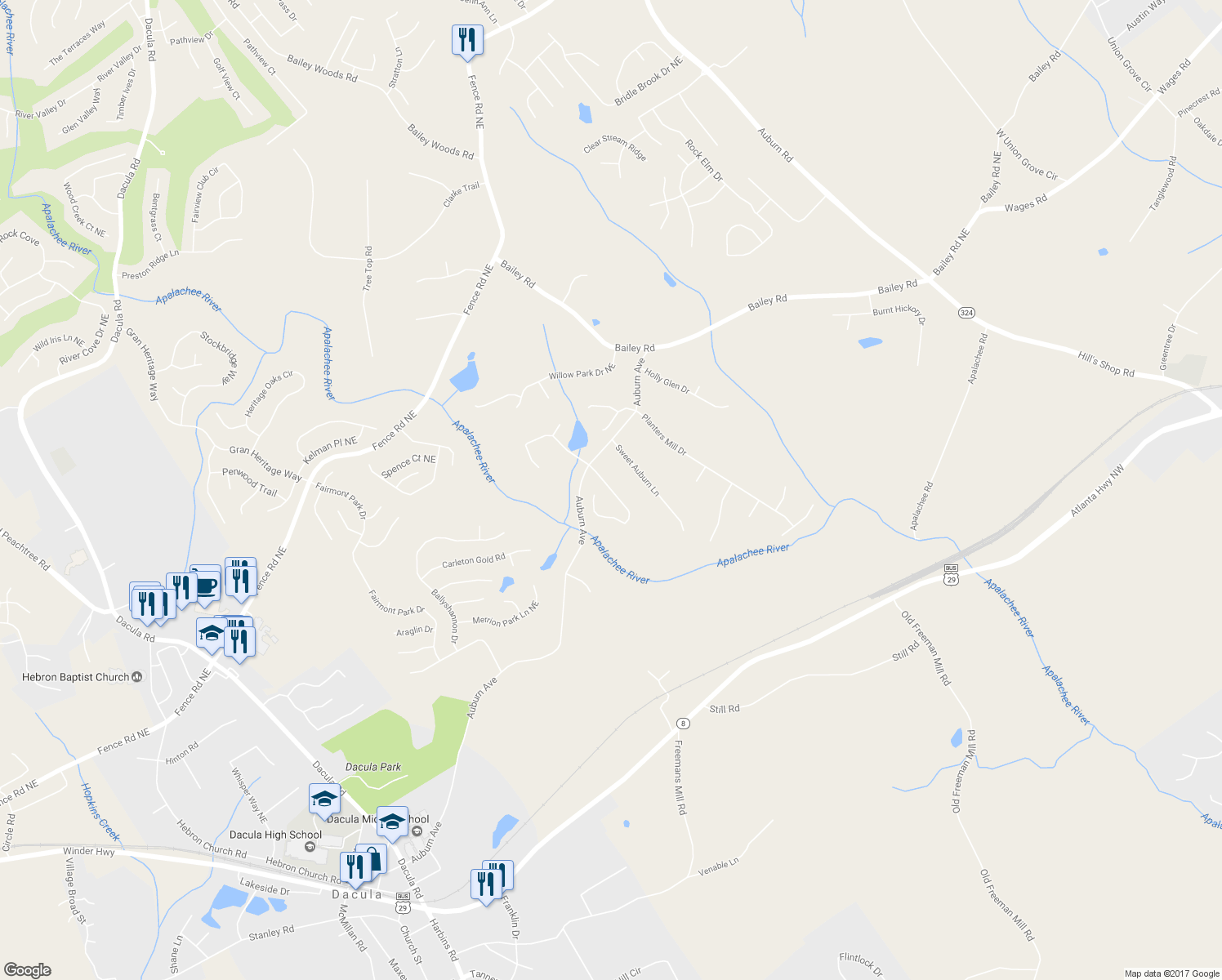 map of restaurants, bars, coffee shops, grocery stores, and more near 525 Roland Manor Drive in Dacula