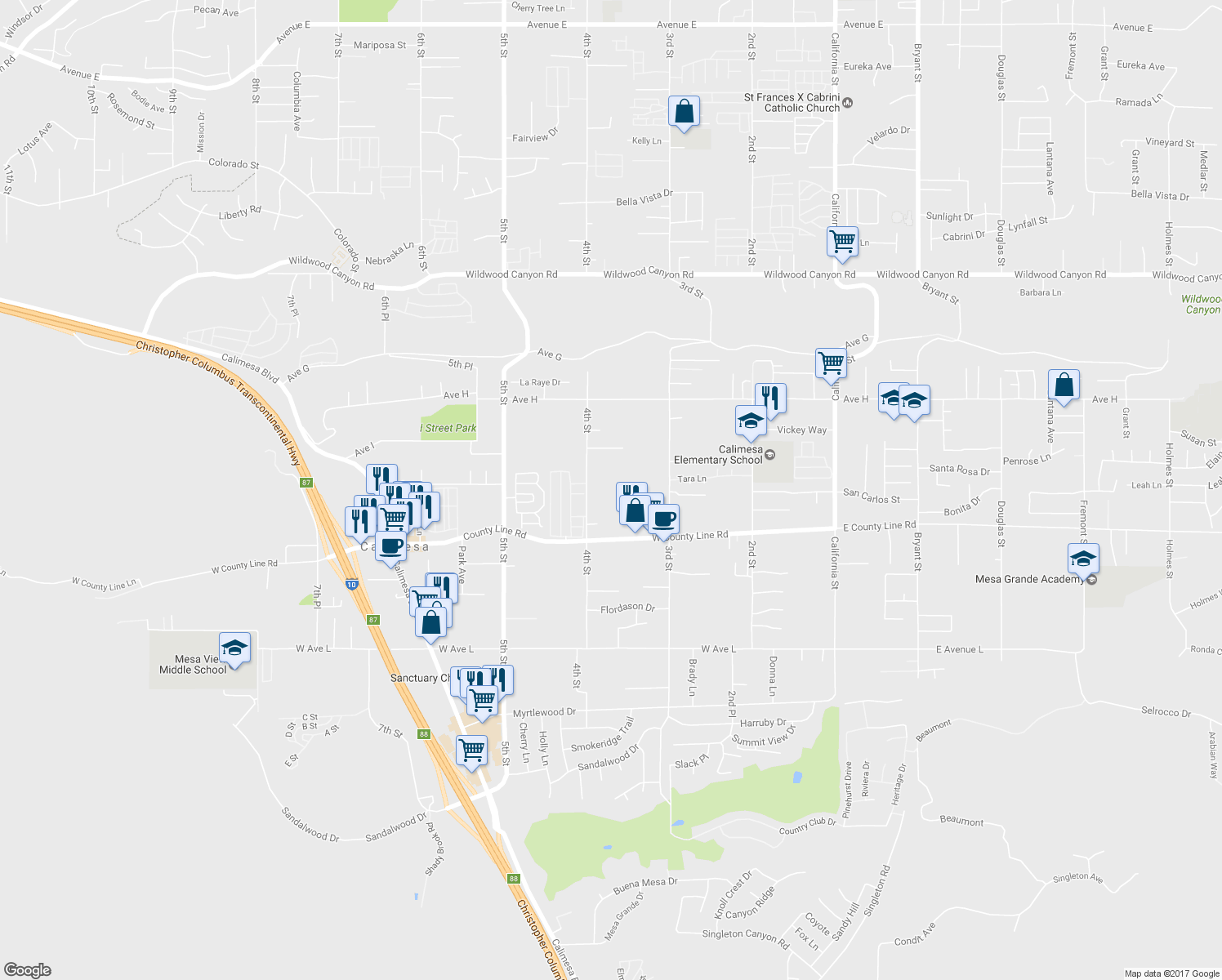map of restaurants, bars, coffee shops, grocery stores, and more near 13617 4th Street in Yucaipa