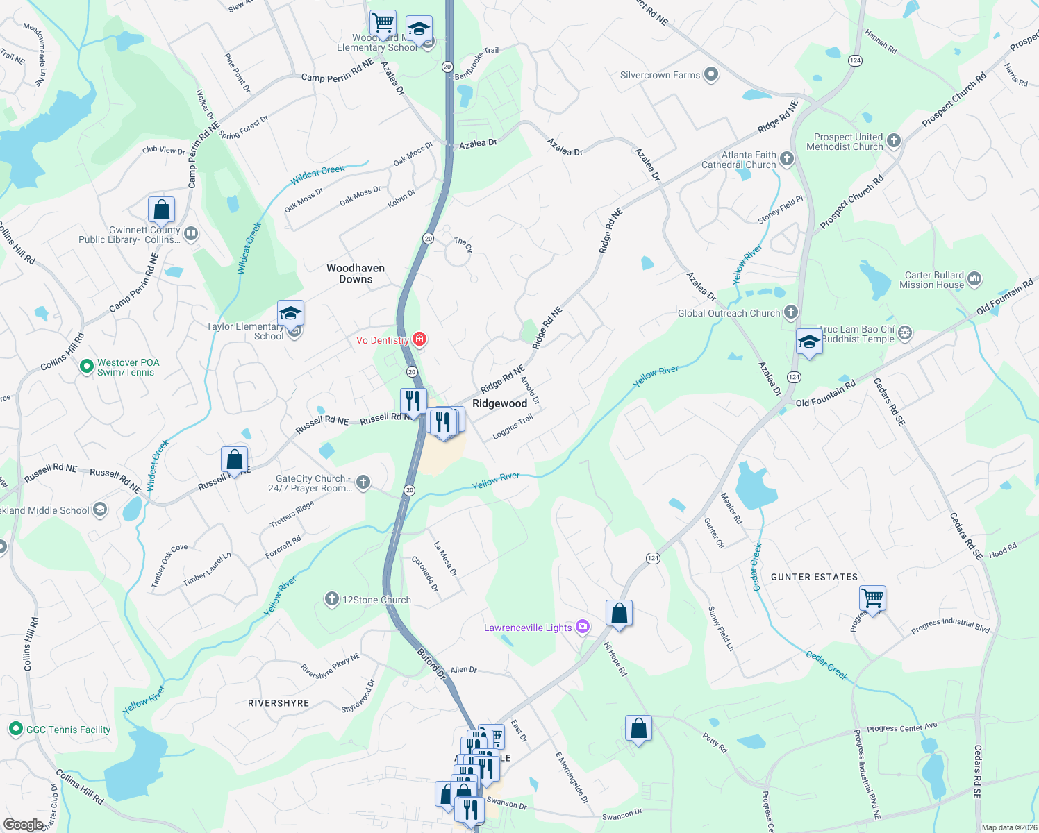 map of restaurants, bars, coffee shops, grocery stores, and more near 805 Loggins Trail in Lawrenceville