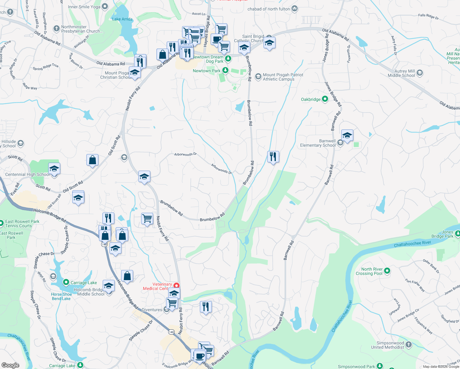 map of restaurants, bars, coffee shops, grocery stores, and more near 840 Kings Arms Way in Alpharetta