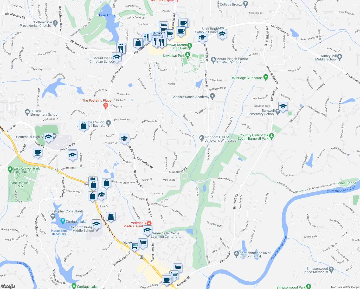 map of restaurants, bars, coffee shops, grocery stores, and more near 3150 Birchton Street in Alpharetta