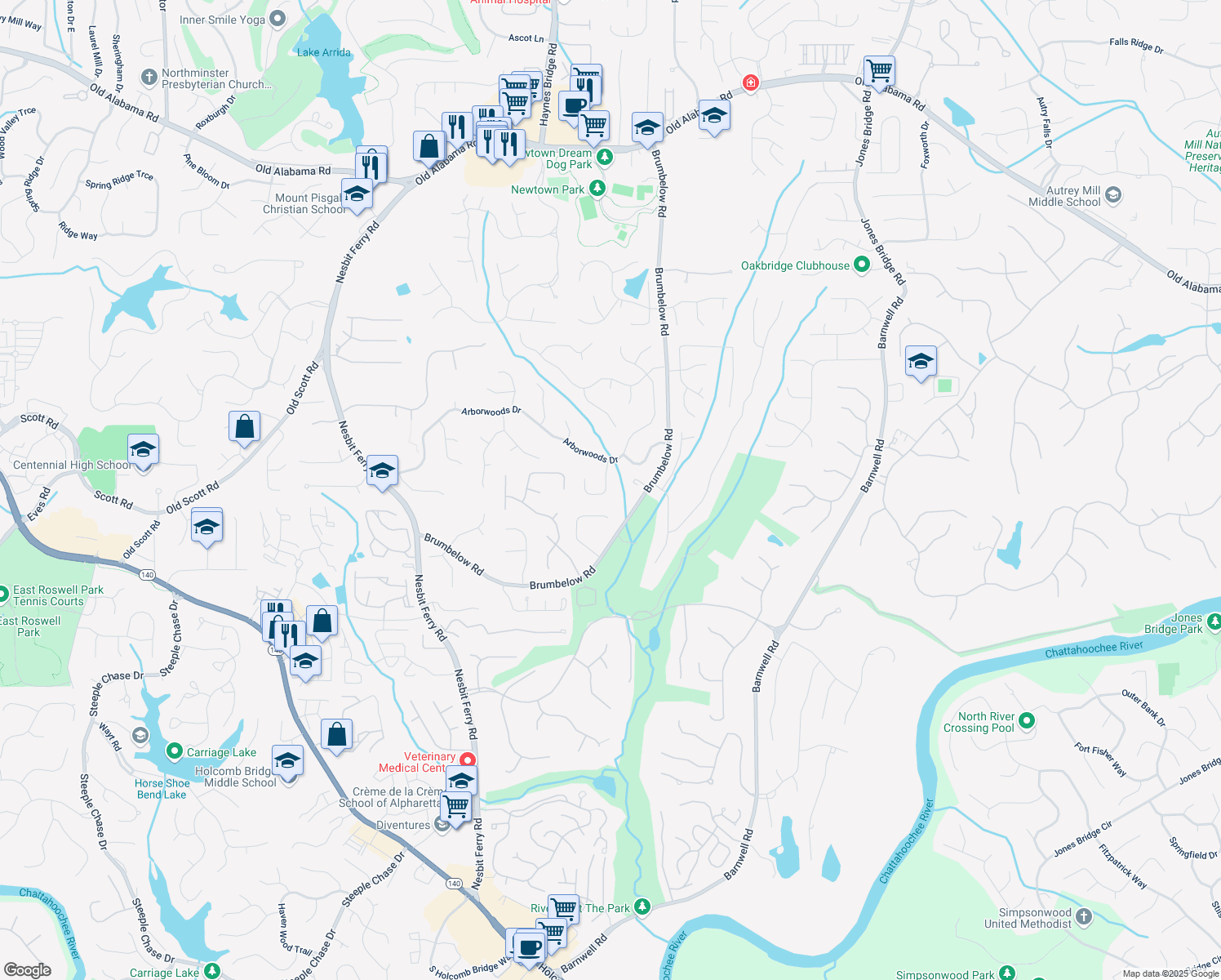 map of restaurants, bars, coffee shops, grocery stores, and more near 840 Kings Arms Way in Alpharetta