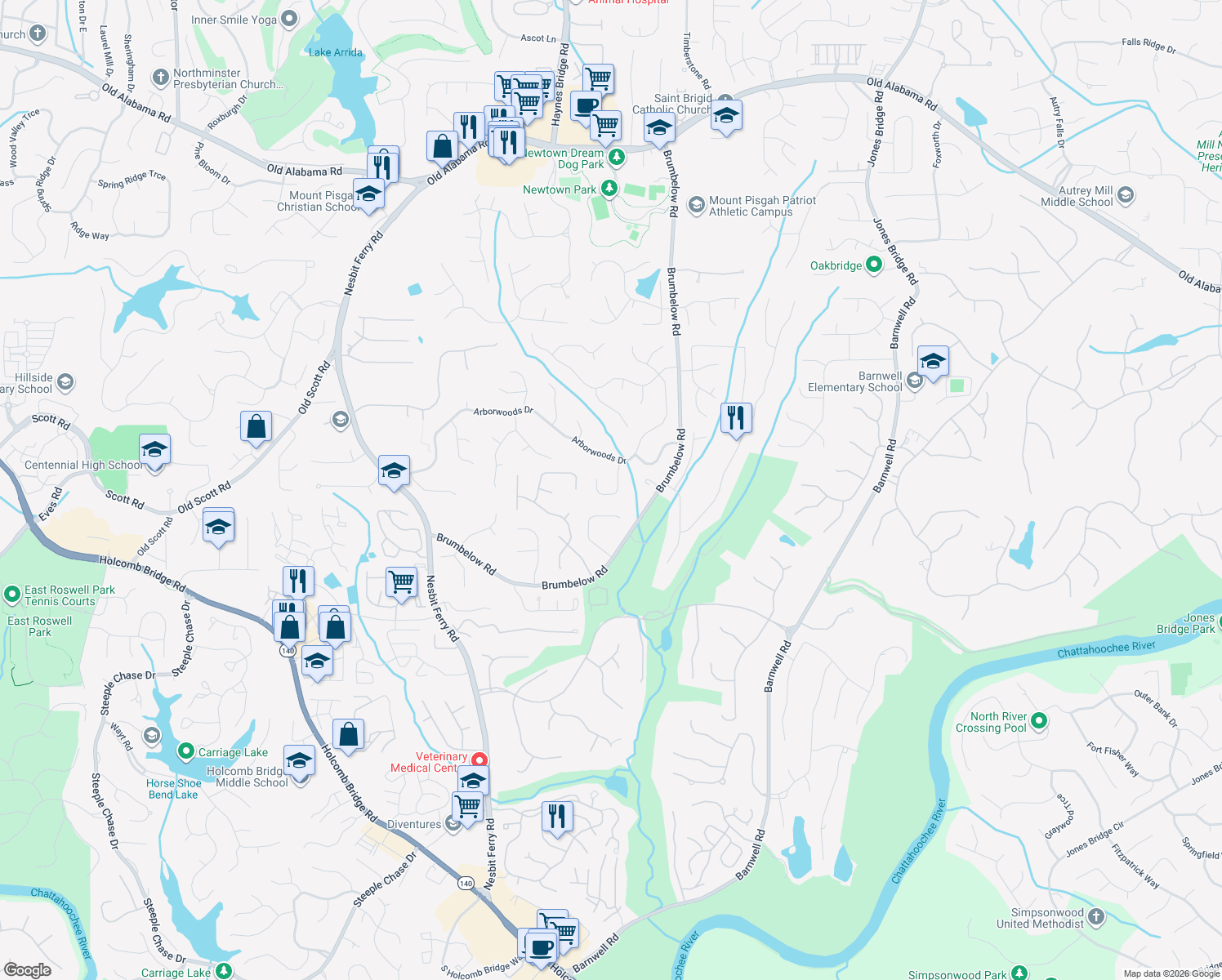 map of restaurants, bars, coffee shops, grocery stores, and more near 845 Kings Arms Way in Alpharetta