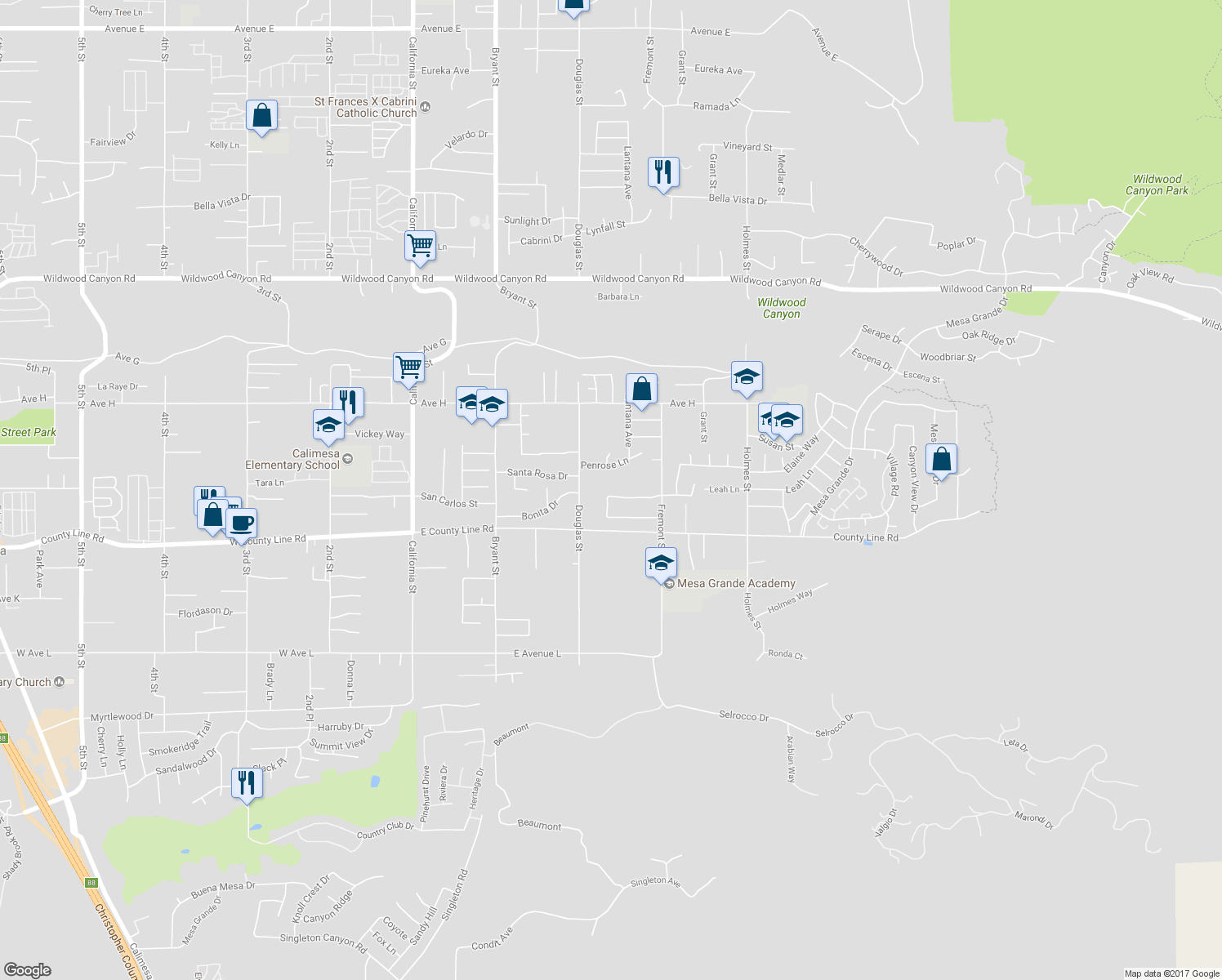 map of restaurants, bars, coffee shops, grocery stores, and more near 35578 Country Creek Drive in Yucaipa