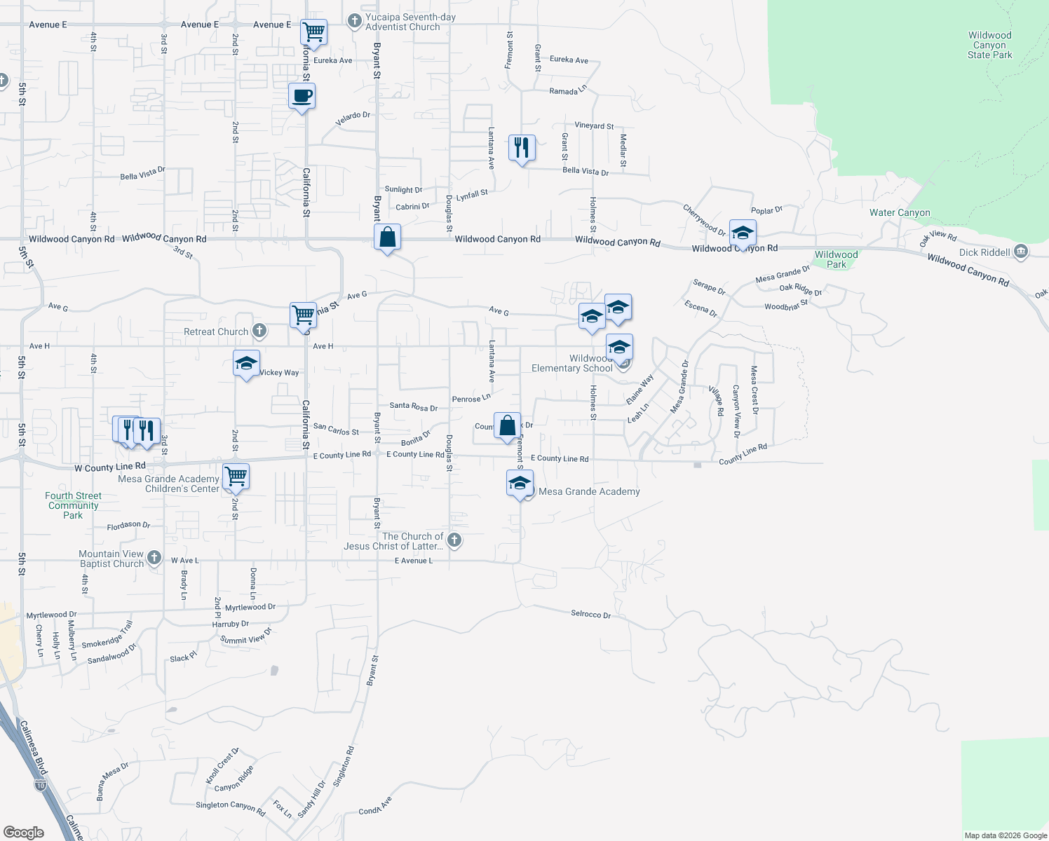 map of restaurants, bars, coffee shops, grocery stores, and more near 35710 Country Creek Drive in Yucaipa