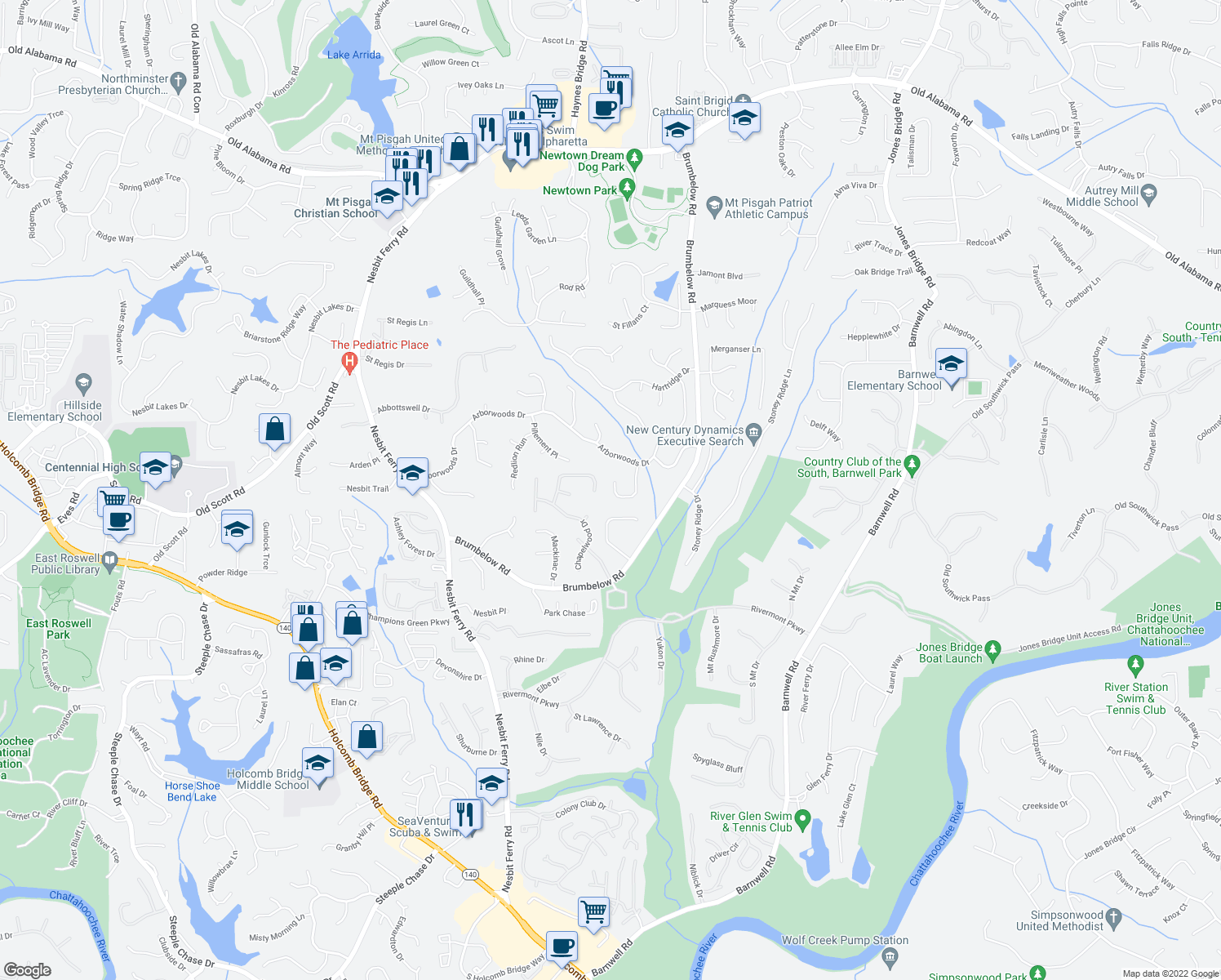 map of restaurants, bars, coffee shops, grocery stores, and more near 910 Kings Arms Way in Alpharetta