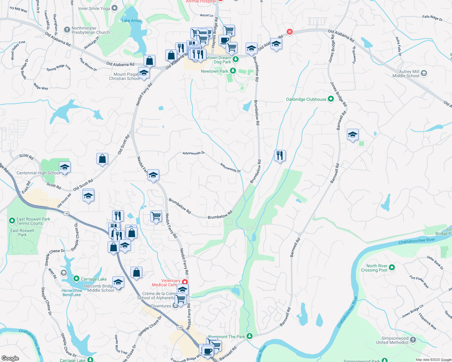 map of restaurants, bars, coffee shops, grocery stores, and more near 910 Kings Arms Way in Alpharetta