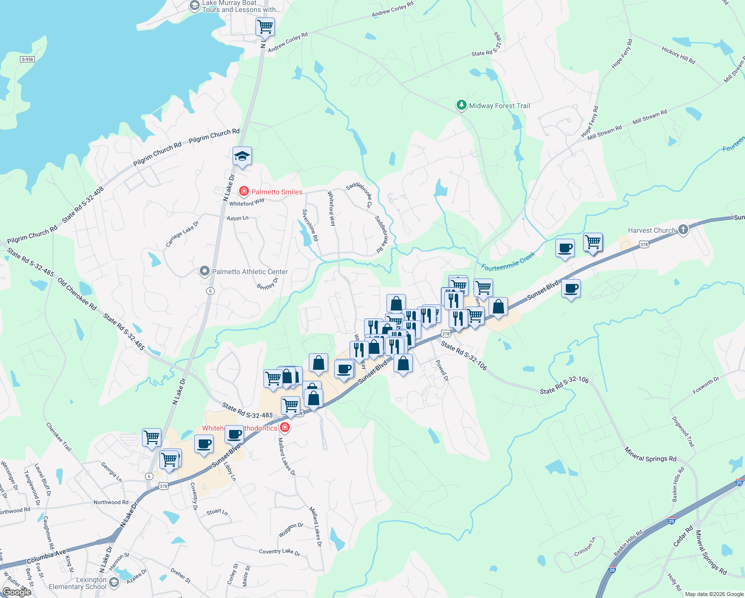 map of restaurants, bars, coffee shops, grocery stores, and more near 111 Saluda Springs Court in Lexington
