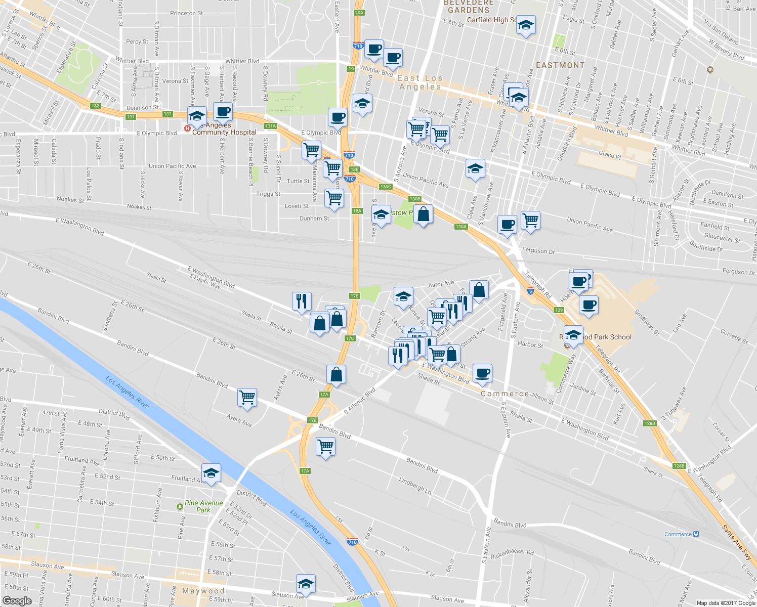 map of restaurants, bars, coffee shops, grocery stores, and more near 2222 Hepworth Avenue in Commerce