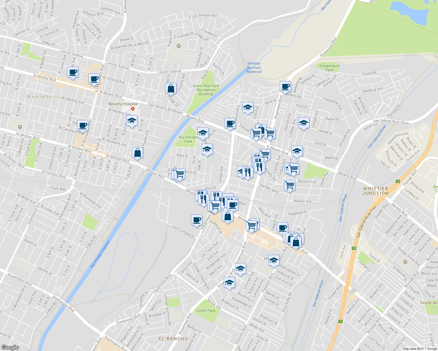map of restaurants, bars, coffee shops, grocery stores, and more near 4713 Calada Avenue in Pico Rivera