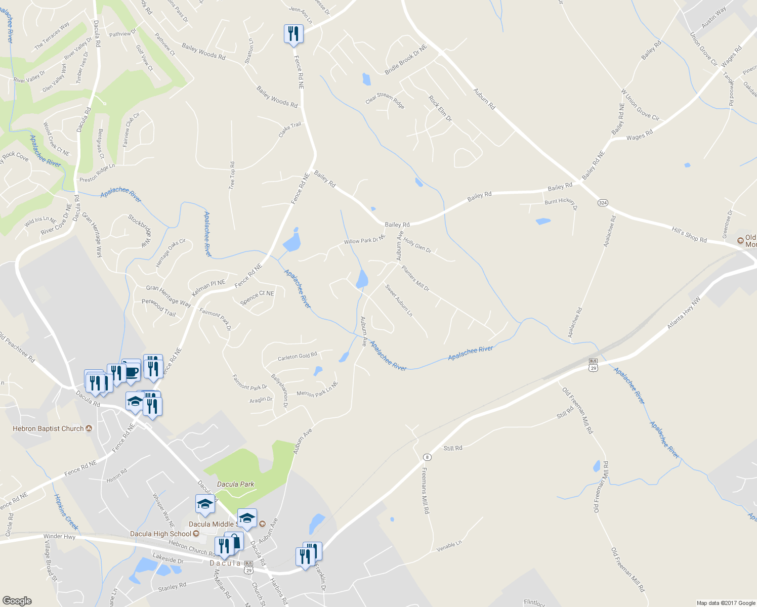 map of restaurants, bars, coffee shops, grocery stores, and more near 565 Roland Manor Drive in Dacula